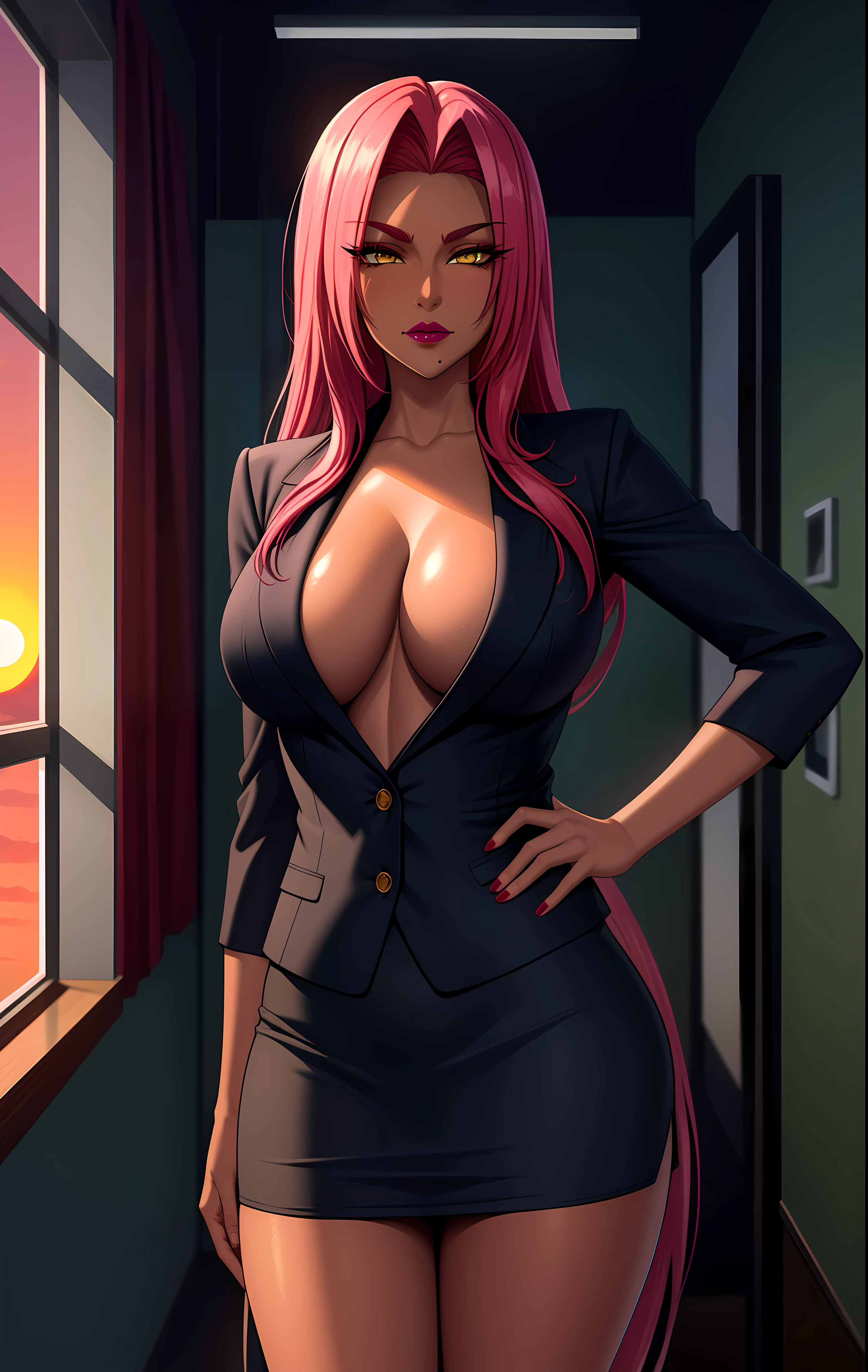 (highres, high quality:1.3), intricate details, cinematic lighting, sharp focus, depth of field, makaikishiingrid
Ingrid, 1girl, solo, mature female, (dark-skinned female, dark skin:1.1), looking at viewer, standing, hands on hips, office, window, evening, sunset,
serious,
pink red hair, very long hair, hair intakes, makeup, lipstick, (mole under mouth:0.8), eyelashes, yellow eyes, detailed eyes, perfect face,
business suit, formal, skirt suit, jacket suit,
large breasts, cleavage, (areola slip:1.2), (nipple slip:0.9), thighs,