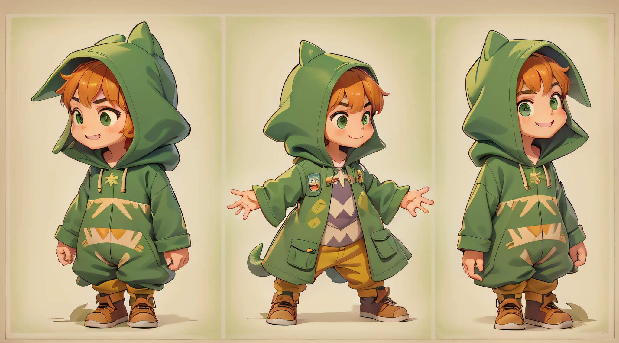 um menino de 5 anos, short hair, cor verde esmeralda, wears green jumpsuit with dinosaur print and hood reminiscent of a dinosaur's head: 1.5, Feliz, Feliz, design de personagens, design de personagens, conceito de personagem, ( frente, back, poses laterais), Charturnbetalora