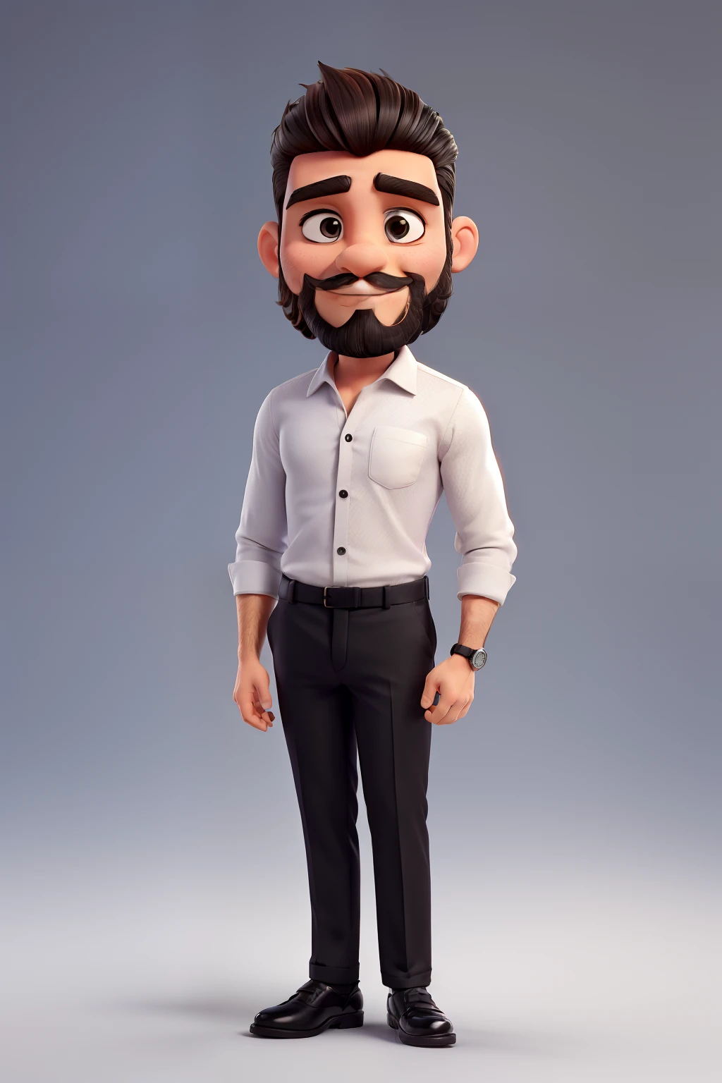 Mascote masculino com cabelo curto e barba, black dress pants, camisa branca fechada.