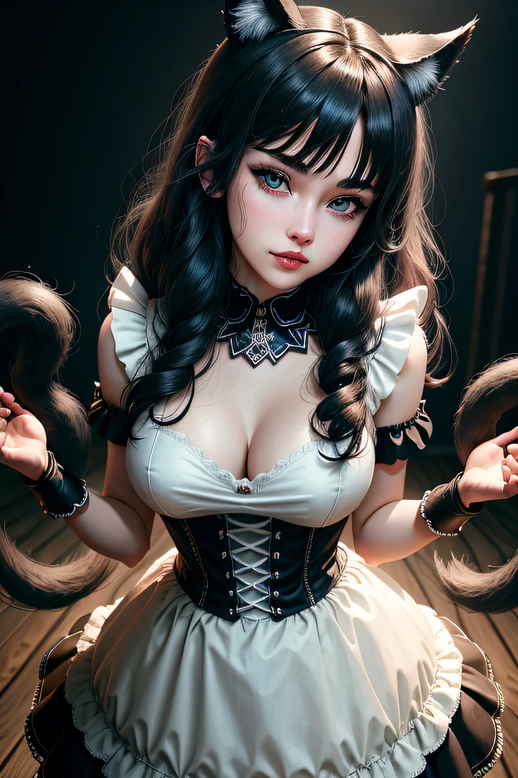 black hair, hair bobbles, wince, longeyelashes, solid circle eyes, fake animal ears, light smile, ear blush, fang, Surrealism, drop shadow, anaglyph, stereogram, tachi-e, pov, atmospheric perspective, 8k, super detail, ccurate, best quality,full-body portraits,Katerina,league of legend,1girll,the maid outfit,