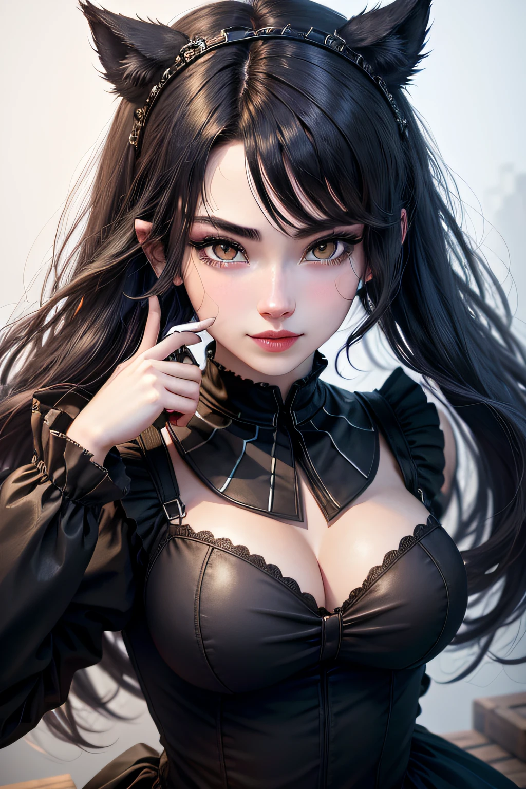 black hair, hair bobbles, wince, longeyelashes, solid circle eyes, fake animal ears, light smile, ear blush, fang, Surrealism, drop shadow, anaglyph, stereogram, tachi-e, pov, atmospheric perspective, 8k, super detail, ccurate, best quality,full-body portraits,Katerina,league of legend,1girll,the maid outfit,