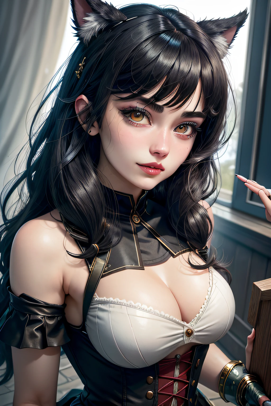 black hair, hair bobbles, wince, longeyelashes, solid circle eyes, fake animal ears, light smile, ear blush, fang, Surrealism, drop shadow, anaglyph, stereogram, tachi-e, pov, atmospheric perspective, 8k, super detail, ccurate, best quality,full-body portraits,Katerina,league of legend,1girll,the maid outfit,