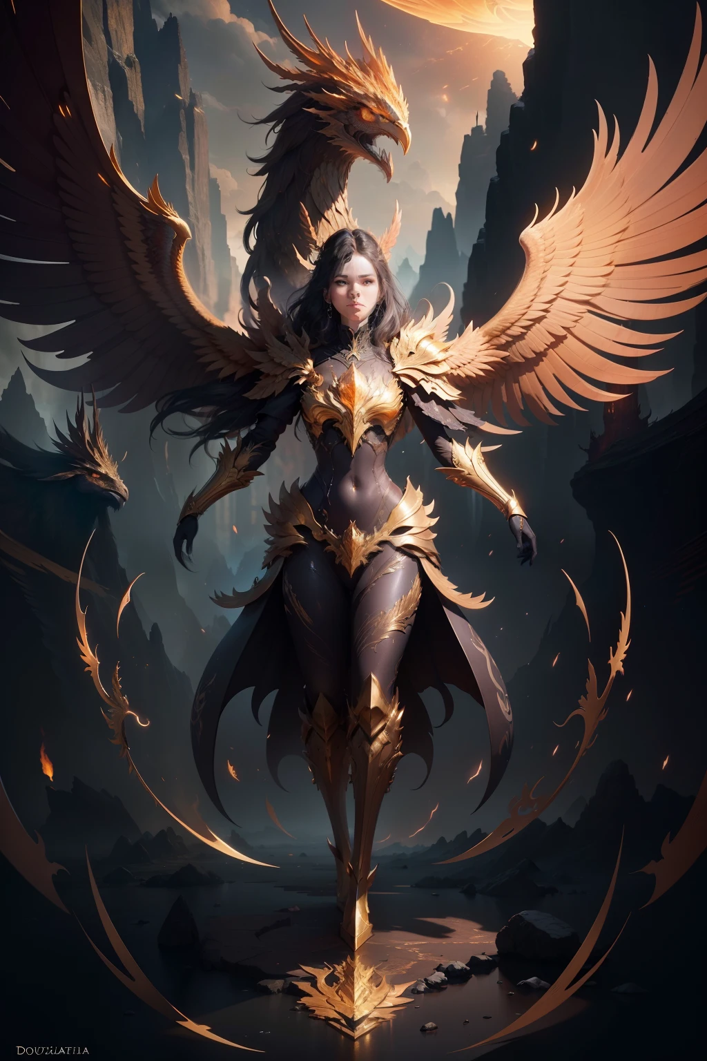 The Phoenix prototype of the Douluo Continent, High detail, surrealism, futurism, romanticism lain, Cinematic lighting, A high resolution, Textured skin，Golden wings reborn from the ashes，Standing condescendingly at the point in time