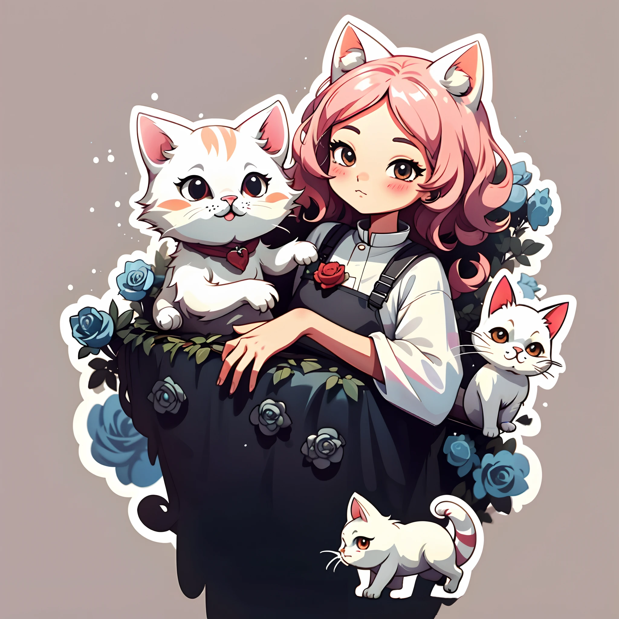 Sticker,1girl,Simple background,rose hair,white clothing,White cat ears