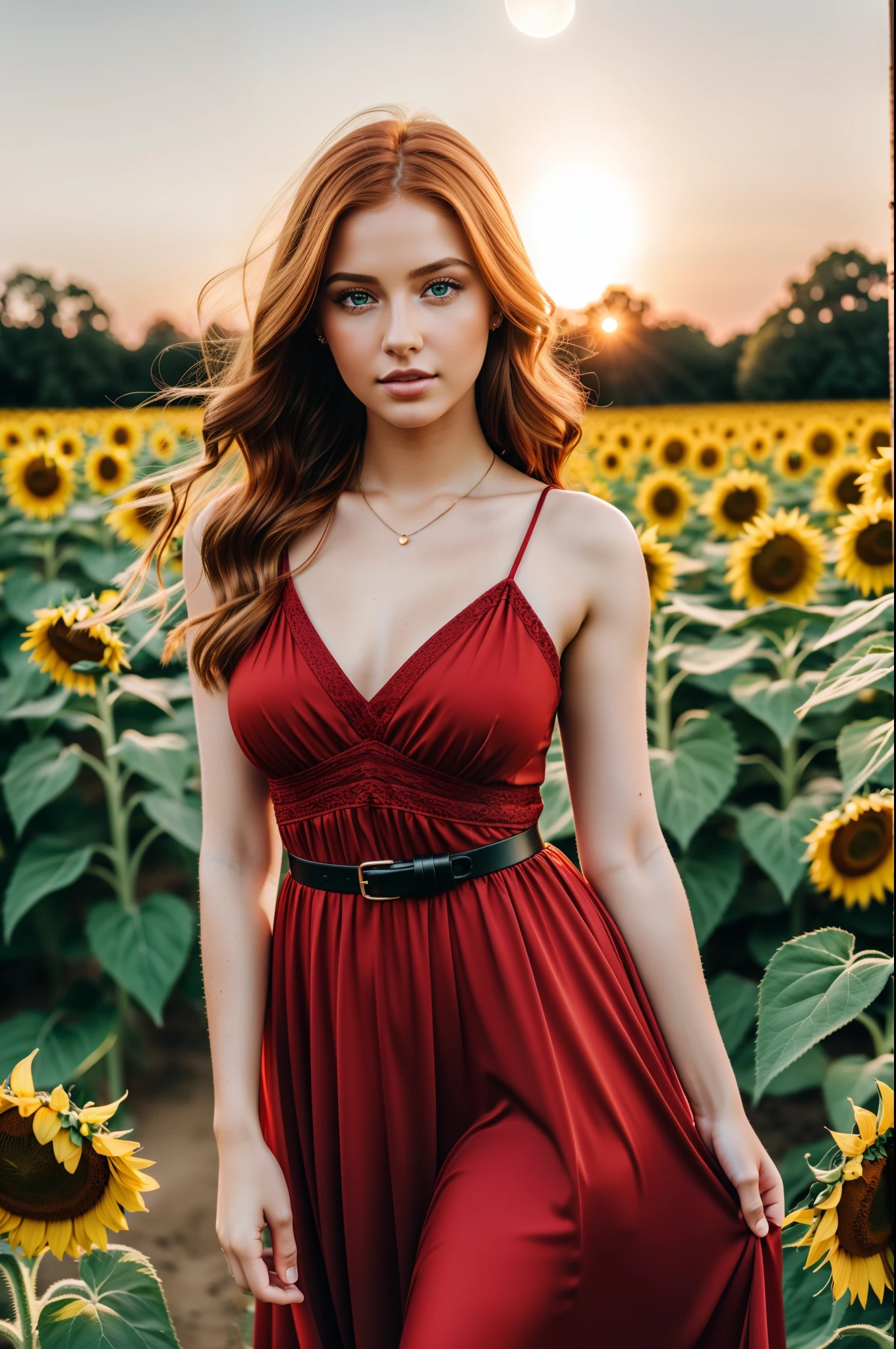 (photorealistic), beautiful lighting, best quality, realistic, full body portrait, real picture, intricate details, depth of field, girl, in a sunflower field, A very beautiful girl with ginger hair wearing a red dress, highly-detailed, perfect face, green eyes, lips, wide hips, small waist, tall, make up, Fujifilm XT3, outdoors, bright day, Beautiful lighting, RAW photo, 8k uhd, film grain, ((bokeh))