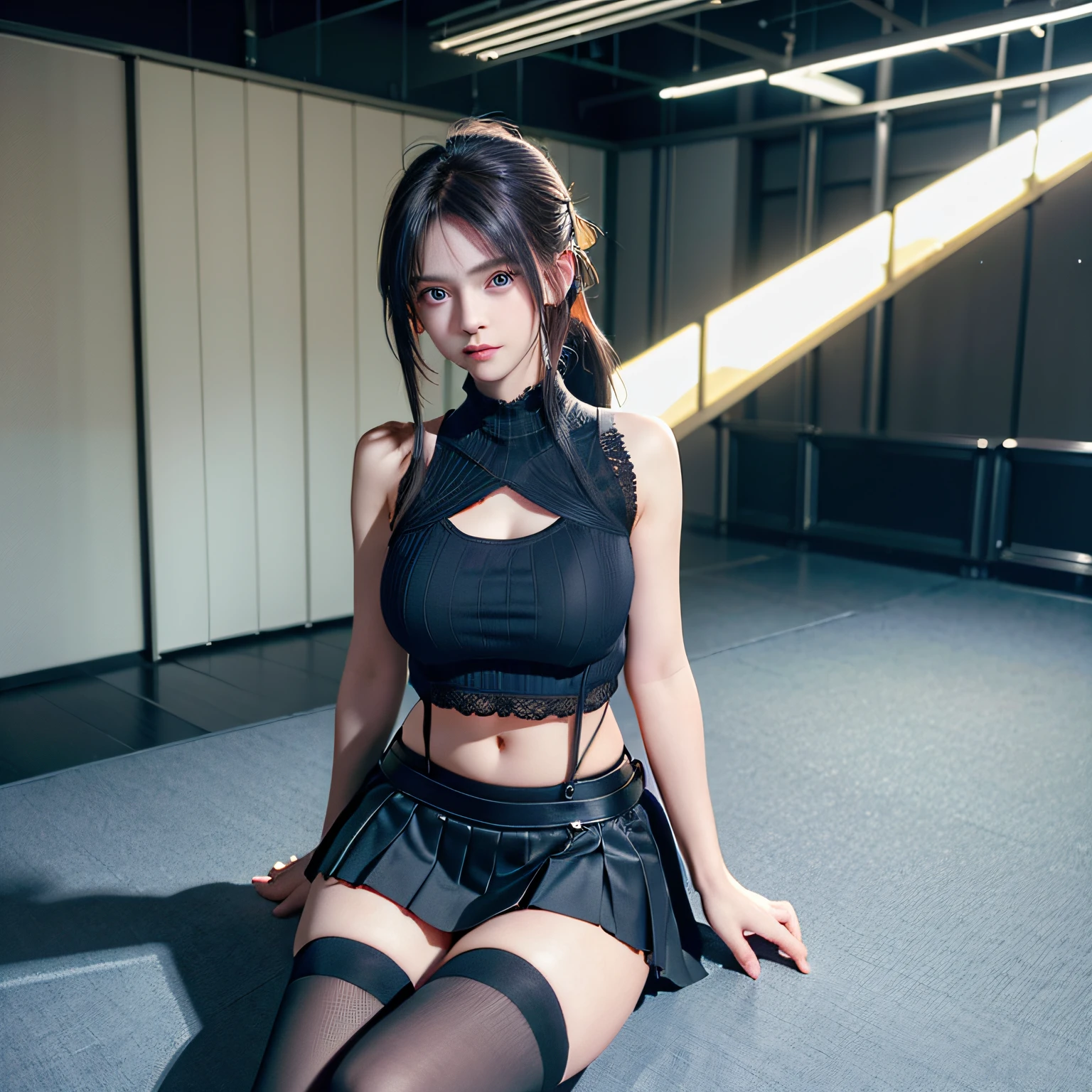 (8K, RAW photo, Best quality, Mastery:1.2), (Realistic, photo-realistic:1.37),1 girl,Cute,Blue eyes, (Solo),full-body portraits，Detailed ponytail，Dramatic angles，office room，looking at viewert，angle of view ,cyber punk perssonage,Short black lace skirt，Little feet，