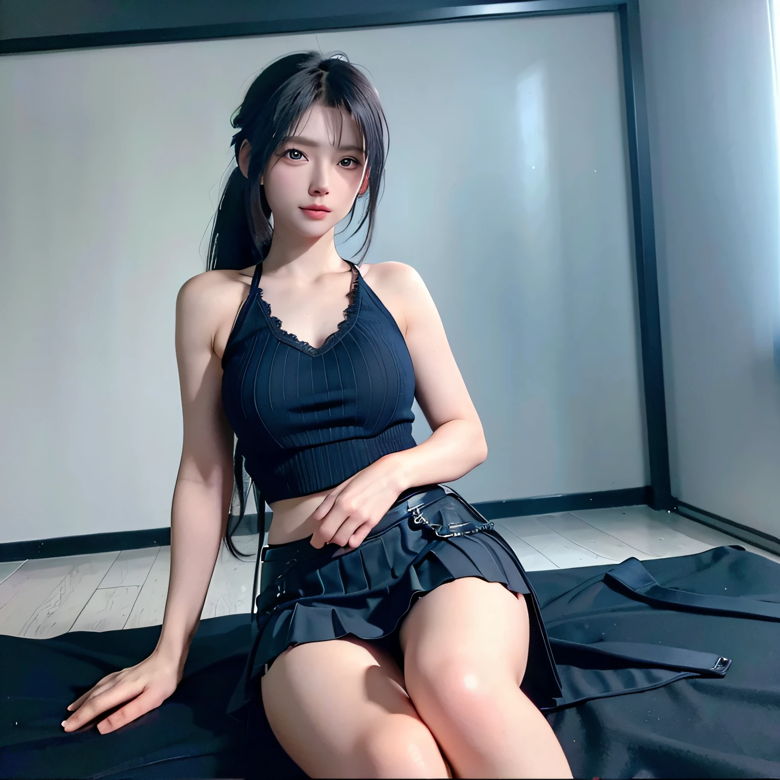 (8K, RAW photo, Best quality, Mastery:1.2), (Realistic, photo-realistic:1.37),1 girl,Cute,Blue eyes, (Solo),full-body portraits,Detailed ponytail,Dramatic angles,office room,looking at viewert,angle of view ,cyber punk perssonage,Short black lace skirt,Little feet,