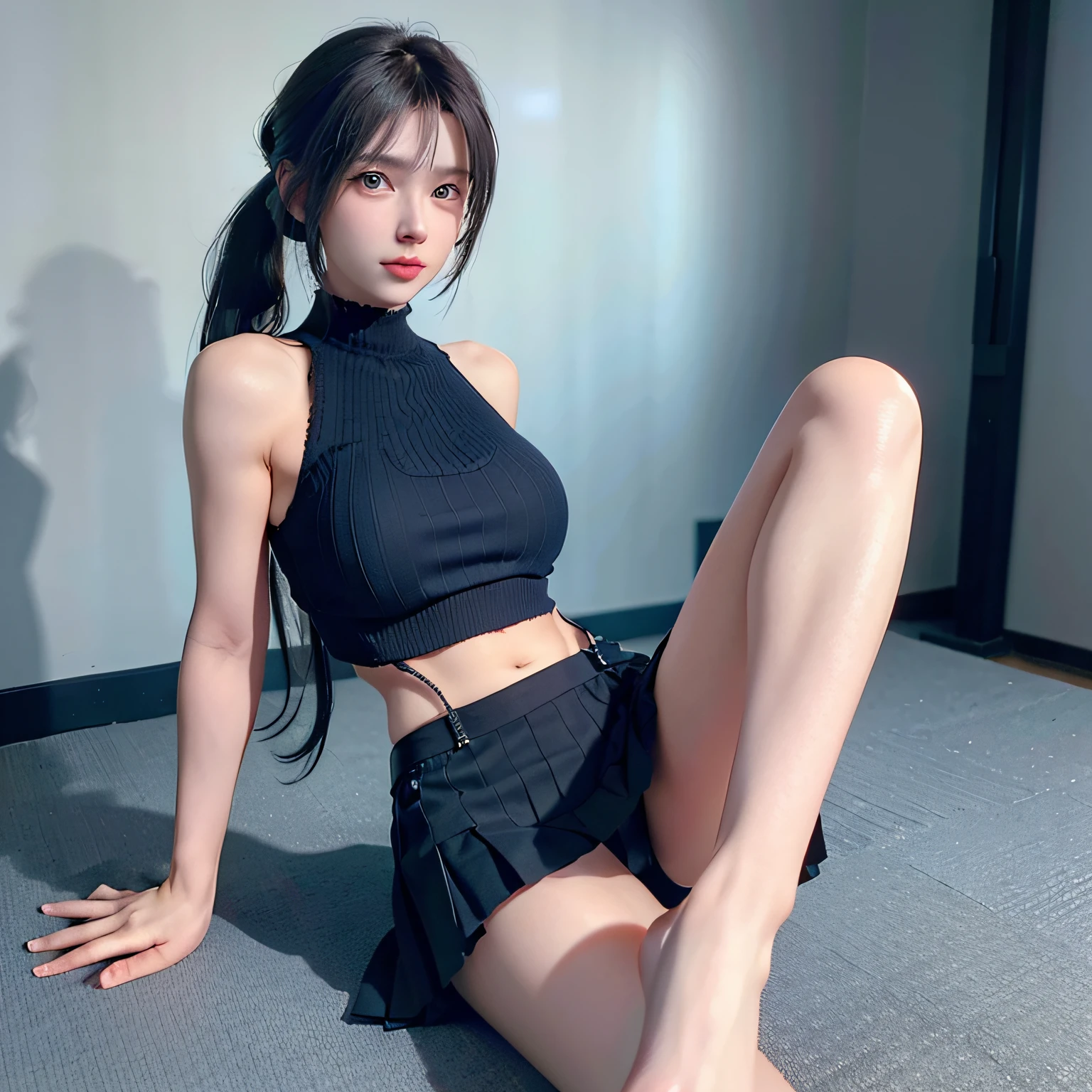 (8K, RAW photo, Best quality, Mastery:1.2), (Realistic, photo-realistic:1.37),1 girl,Cute,Blue eyes, (Solo),full-body portraits，Detailed ponytail，Dramatic angles，office room，looking at viewert，angle of view ,cyber punk perssonage,Short black lace skirt，Little feet，