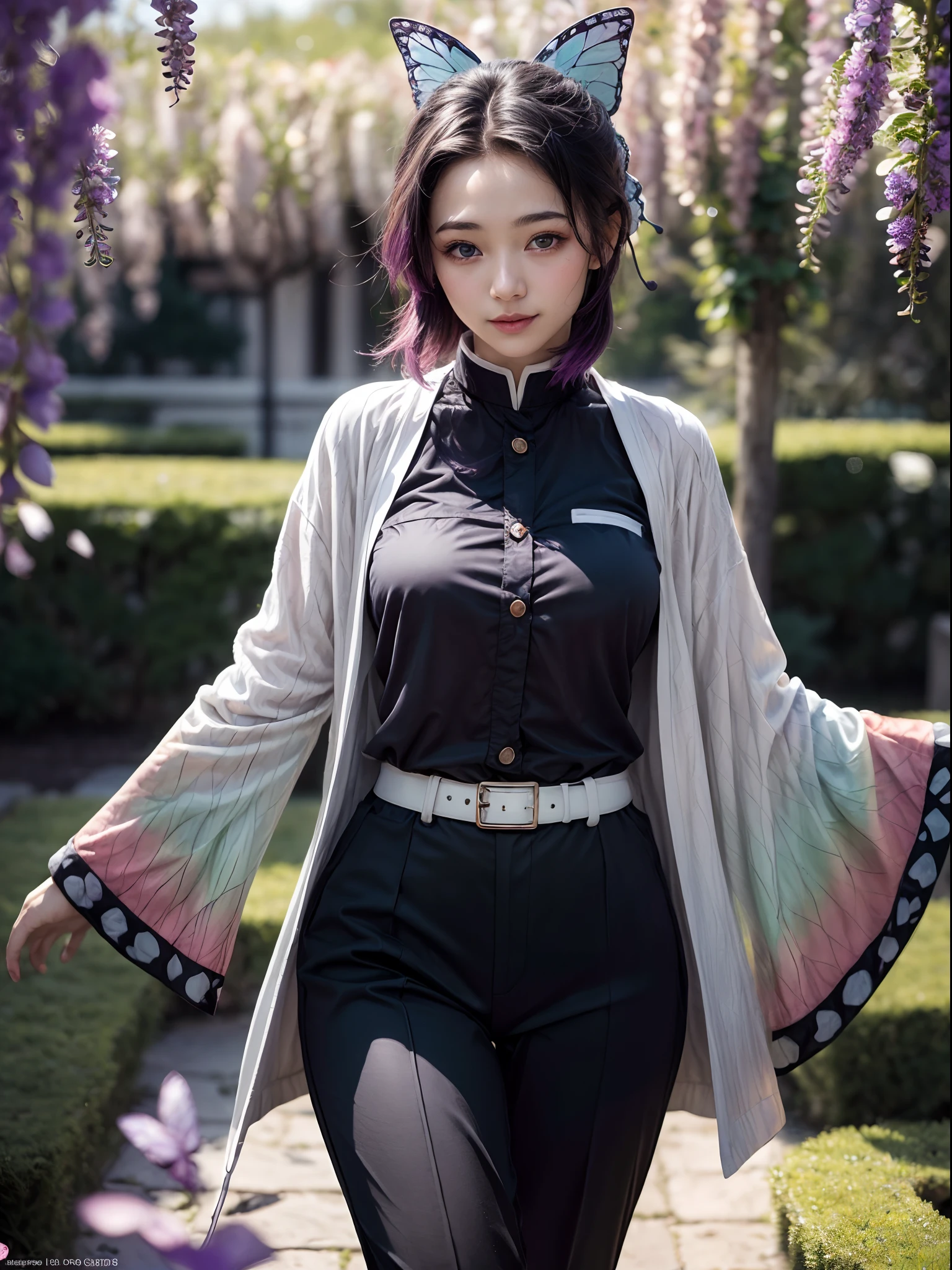 (masterpiece, best quality:1.4), (standing:1.2), (sexy pose:1.2), 1girl, solo, (european youth:1), kochou shinobu, multicolored hair, no bangs, hair intakes, (purple eyes), forehead, black shirt,vblack pants, haori, butterfly, buttons, belt, (Garden:1.2), purple flower, looking at viewer, sexy smile, beautiful face, highly detailed face, highly detailed skin, skin pores, subsurface scattering, realistic pupils, medium breast, full face blush, full lips, detailed background, depth of field, volumetric lighting, sharp focus, absurdres, realistic proportions, good anatomy, (realistic, hyperrealistic:1.4), 16k hdr,