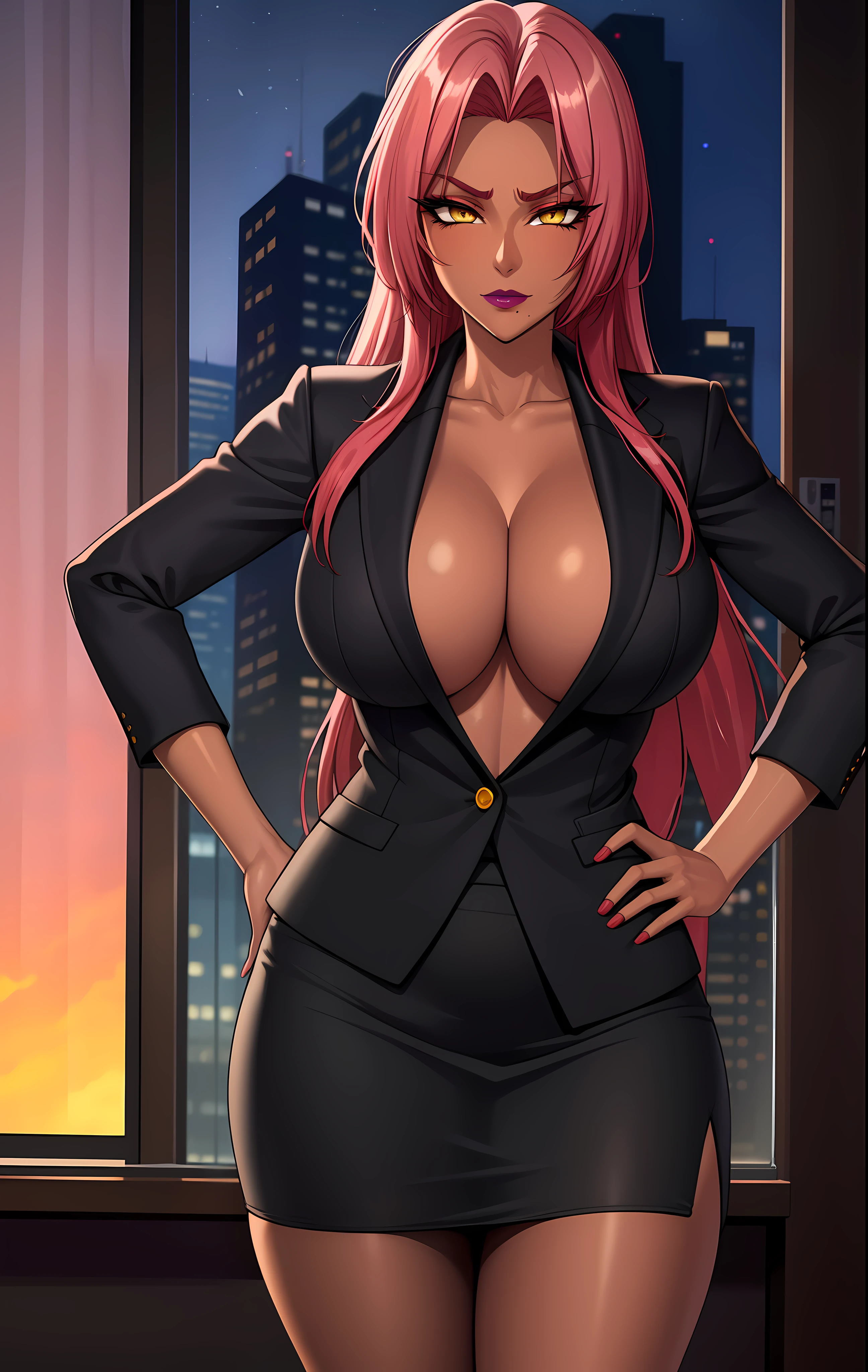 (highres, high quality:1.3), intricate details, cinematic lighting, sharp focus, depth of field, makaikishiingrid
Ingrid, 1girl, solo, mature female, (dark-skinned female, dark skin:1.1), looking at viewer, standing, hands on hips, office, window, evening, sunset,
serious,
pink red hair, very long hair, hair intakes, makeup, lipstick, (mole under mouth:0.8), eyelashes, yellow eyes, detailed eyes, perfect face,
business suit, formal, skirt suit, jacket suit,
large breasts, cleavage, (areola slip:1.2), (nipple slip:0.9), thighs,