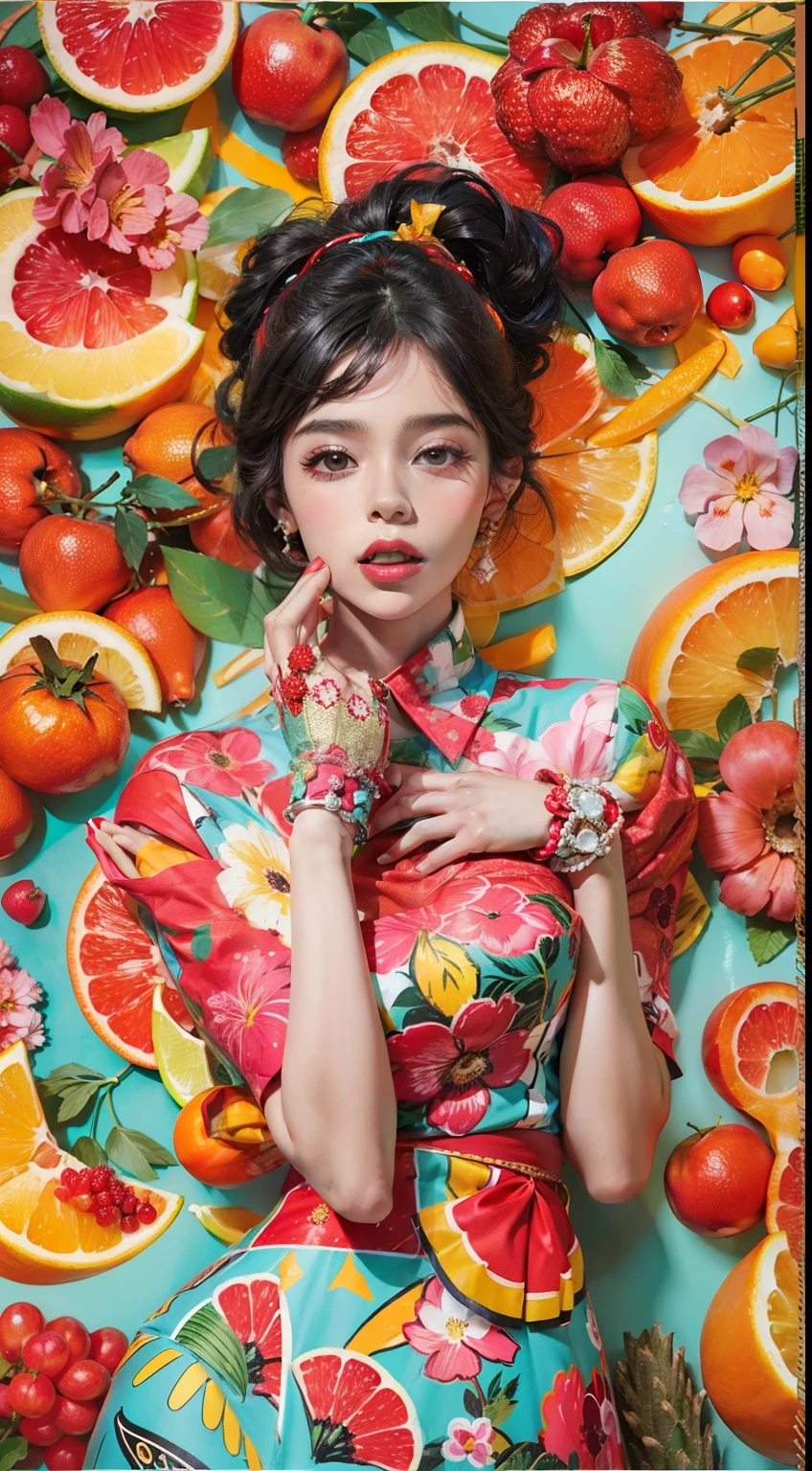 Criar uma obra de arte digital no estilo pop art, apresentando uma mulher quieta e timida com maquiagem ousada e moda colorida a cores frias mais vibrantes, Cinematic Color Scheme, surrounded by red fruit patterns, pinceladas calmas,Humor should be dynamic.