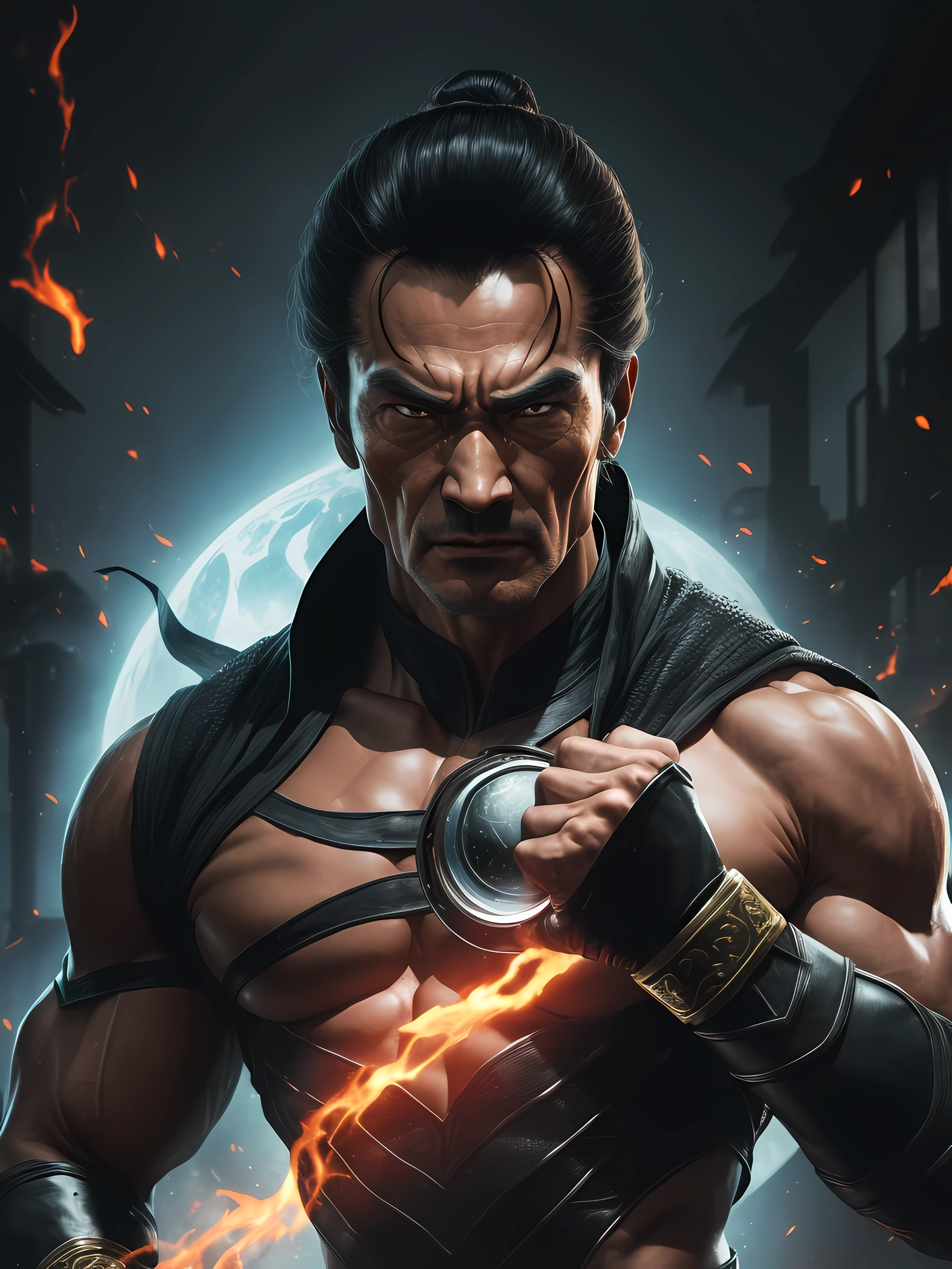 1homem ((Shang Tsung is a character in the Mortal Kombat fighting game series, Their powers include transforming into other combatants and absorbing the souls of opponents)), in a battlefield setting in the middle of an industrial shed, (Autorretrato com zoom aproximado:1.2), 24 mm, (((foco nítido:1.5))), (((profundidade de nitidez:1.5))), (fotorrealista:1.5), (textura da pele:1), cinemactic, hiperdetalhado,