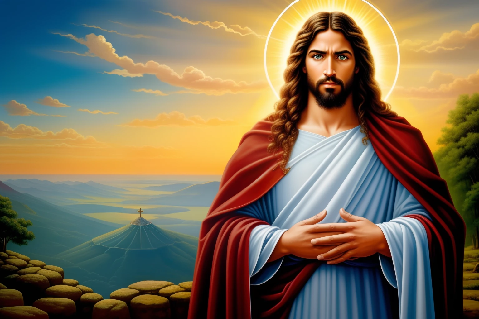 Uma pintura de Jesus surpreso, Jesus Cristo, olhando para mim, Retrato de Jesus Cristo, Rosto de Jesus, Jovem Deus Todo-Poderoso, Retrato de um Deus Celestial, Greg Olsen, Jesus Gigachade, jesus of nazareth, Jesus, O rosto de Deus, Deus olhando para mim, He's greeting you warmly, ele olhando para mim , imagem de avatar, Clothing of Jesus of Nazareth, in sky