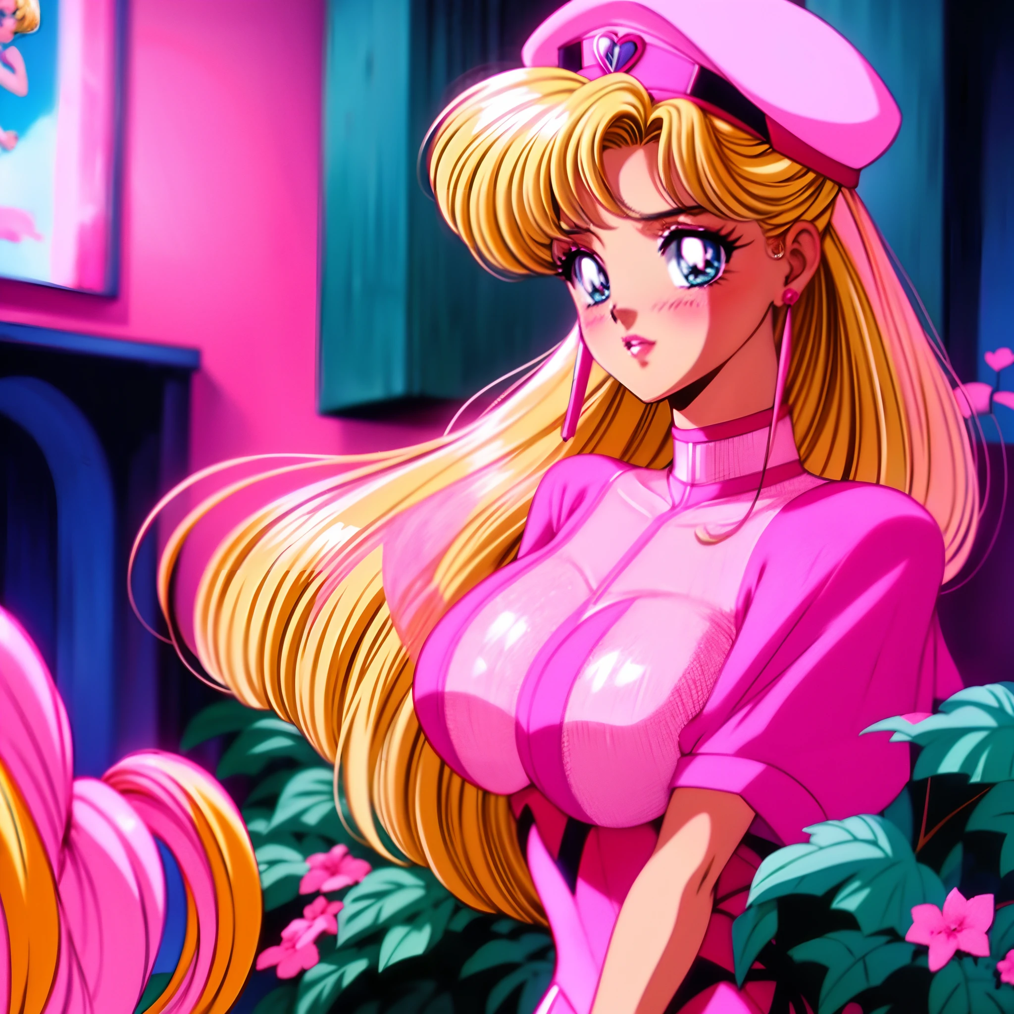 Blonde Barbie dressed in pink as if it was a screencap of a vintage 90's romance anime