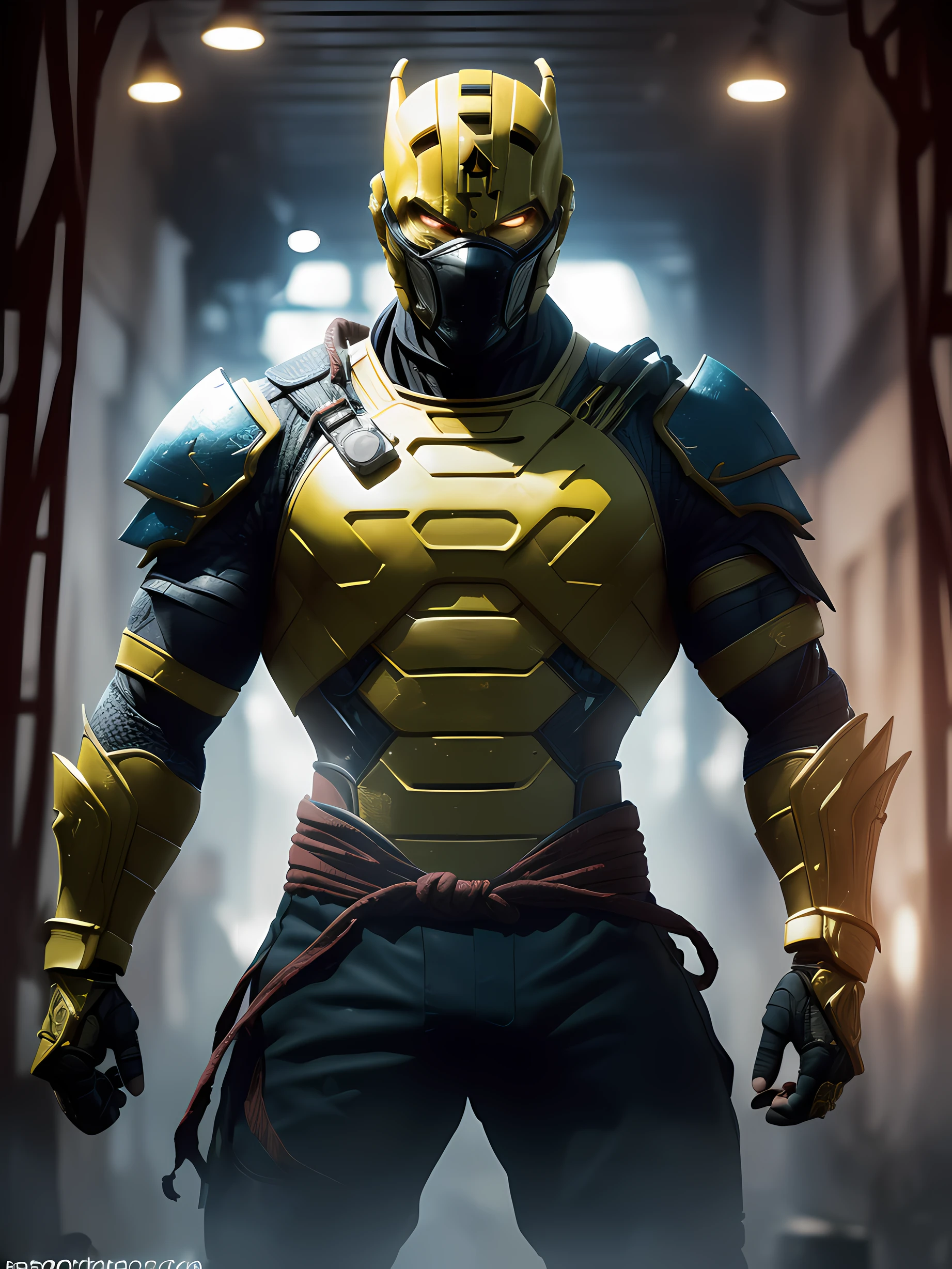 1homem ((Cyrax is a character in the Mortal Kombat video game franchise.Ele foi introduzido inicialmente em Mortal Kombat 3.He is a cyborg killer of Lin Kuei)), in a battlefield setting in the middle of an industrial shed, (Autorretrato com zoom aproximado:1.2), 24 mm, (((foco nítido:1.5))), (((profundidade de nitidez:1.5))), (fotorrealista:1.5), (textura da pele:1), cinemactic, hiperdetalhado,