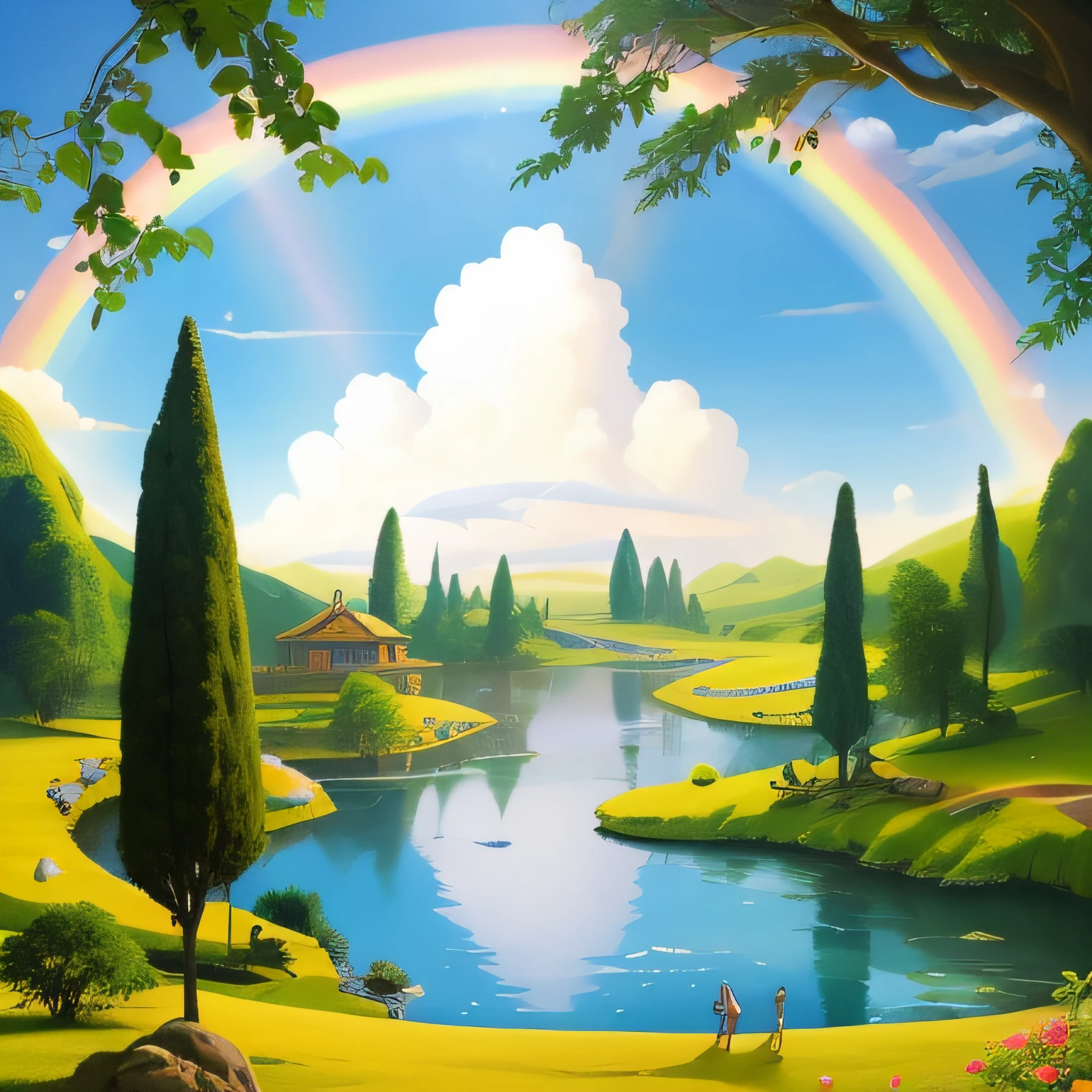 painting of a rainbow over a river and a rainbow in the sky, dream scenery art, paisagem dos sonhos, Angus McKie •, heaven on earth, jim warren, symmetrical fantasy landscape, magical landscape, paisagem celestial, whimsical fantasy landscape art, Palace floating in the sky, Pintura fosca otimista, inspirado em Vladimir Kush, scenery artwork, Paisagem de sonho surreal, reino divino dos deuses