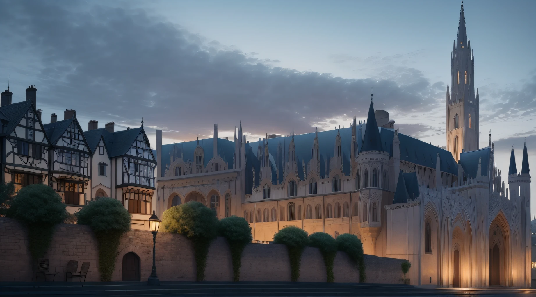 Exquisite architecture and landscape,See up close from the side of the street,Delicate lighting,Slate streets,White houses and city walls,The lighting is soft,Sense of religion,chies,in the afternoon,Neat city,Medieval European city,delicated,Excellent resolution,A medieval western fantasy city,mistic,Solemn,Cold,High towers and Gothic architecture