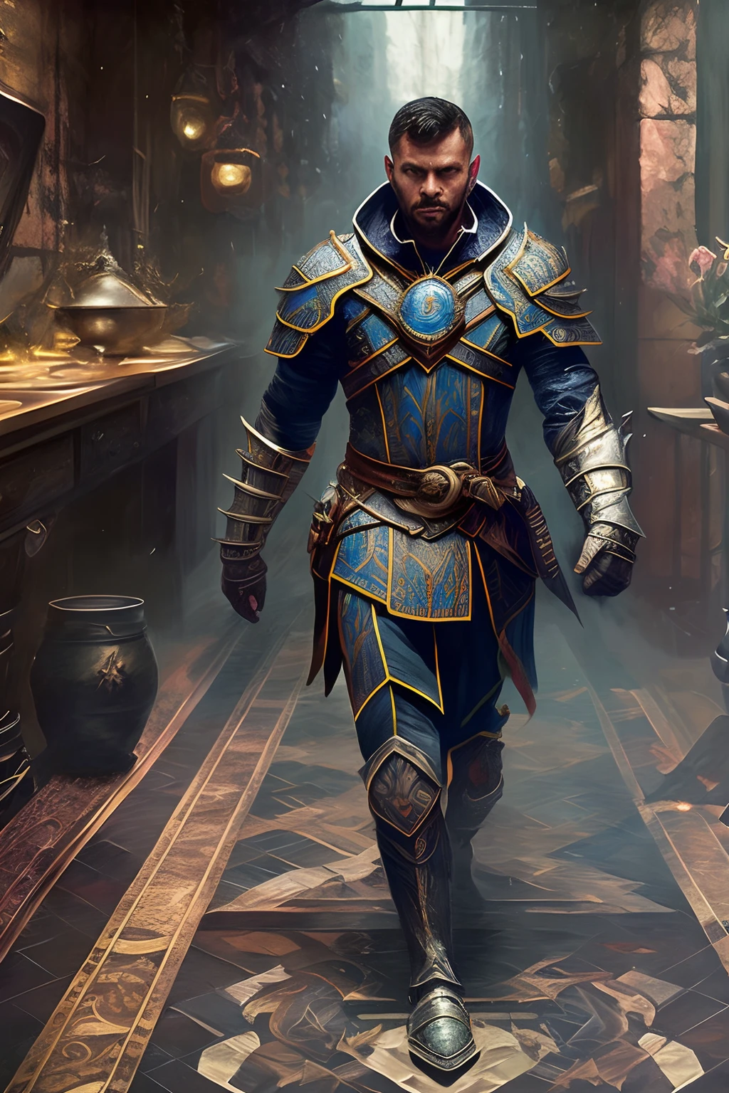 full body, walking pose, slow motion, (arcane mage:1.2) male with black hair wearing full body multiple stitched layer (leather armor:1.2), (fabric with intricate pattern:1.2), (insanely detailed, bloom:1.5), (highest quality, Alessandro Casagrande, Greg Rutkowski, Sally Mann, concept art, 4k), (analog:1.2), (high sharpness), (detailed pupils:1.1), (painting:1.1), (digital painting:1.1), detailed face and eyes, Masterpiece, best quality, (highly detailed photo:1.1), 8k, photorealistic, (ecstatic:1.1), By jeremy mann, by sandra chevrier, by maciej kuciara, sharp, (perfectbody:1.1), realistic, real shadow, 3d, (inside of a tavern:1.2), (by Michelangelo) --auto --s2