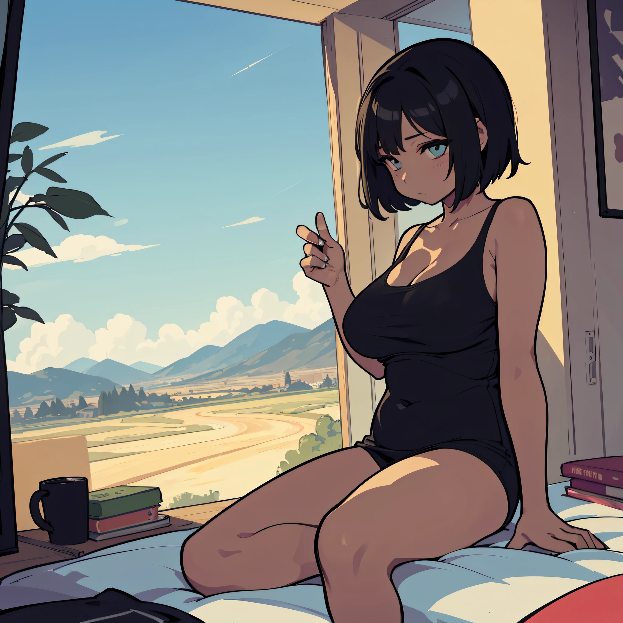 post-apocalyptic style, Curvy girl with a cute and pretty face, sitting on the bed, Create a masterpiece depicting this scene, looking out the window