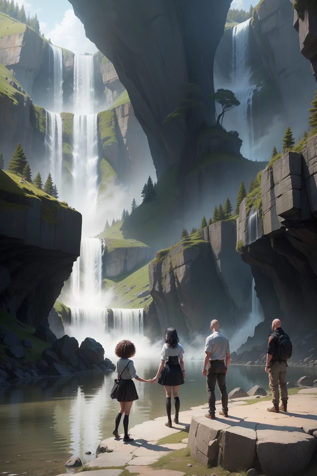 Four people standing next to each other, the first one is an almost bald boy, the second one is a girl with short hair that reaches her neck holding hands, the third one is a girl with curly hair, the fourth one is a boy holding the hand of a curly girl. All these people are looking at a tall waterfall in the middle of a war while standing on a big rock in the middle of the river. the girls have black hair , and the boys are standing with together.
