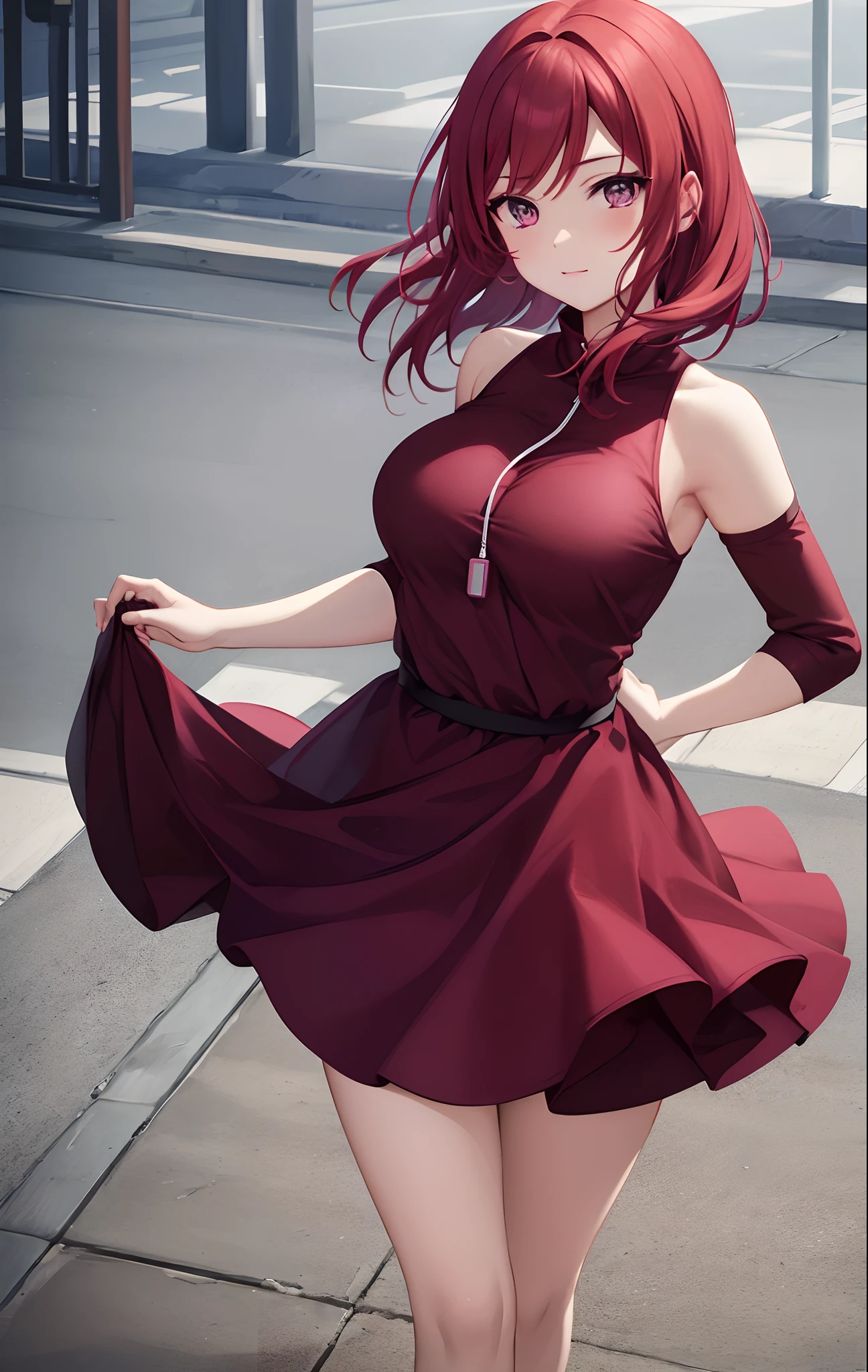 Nishikino maki, purple eyes,red hair,angelic dress ,blunt hair,curvy body, holding mp3, earphones, running,