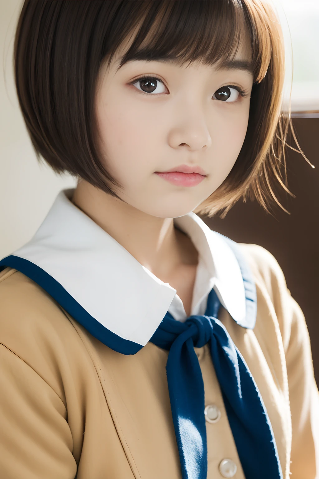 Lens 135mm f1.8, (Best Quality), (masutepiece:1.1), (Beautiful Japan girl), cute face, ((flat chest)), (Small breasts), (Chiseled face:0.7), (hitornfreckles:0.6), Dappled sunlight, Dramatic Lighting, (Japan school uniform), (in a school), shy, bowl cut, hair bobbles, (close-up:1.4)