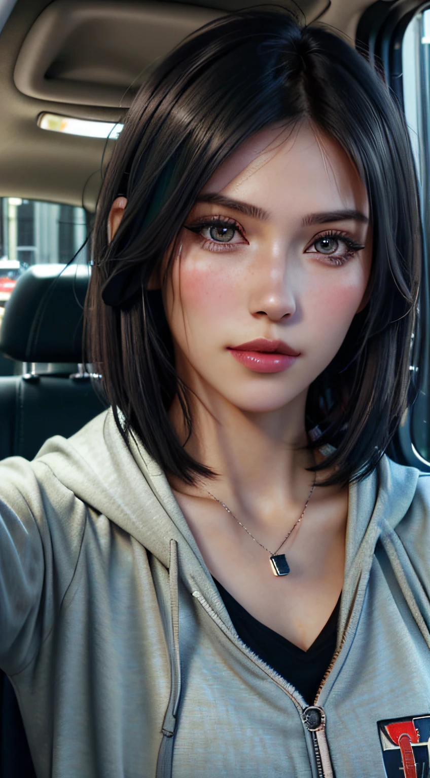 RAW photo, a 22-year-old-girl, upper body, selfie in a car, blue hoodie, (raecmbr-2650:0.9), (r4ec4mbr4:0.95), (1girl), (realistic), (photo-realistic:1.5), inside a car, driving, lipstick, freckles, (short hair), multicolor hair, necklace, (RAW photo, 8k uhd, film grain), Sharp Eyeliner, Blush Eyeshadow With Thick Eyelashes, extremely delicate and beautiful, 8k, soft lighting, high quality, highres, sharp focus, extremely detailed, during the day, (sunlight on face), beautiful detailed eyes, extremely detailed eyes and face, masterpiece, cinematic lighting, (high detailed skin:1.2), 8k uhd, dslr, soft lighting, high quality, film grain, Fujifilm XT3
