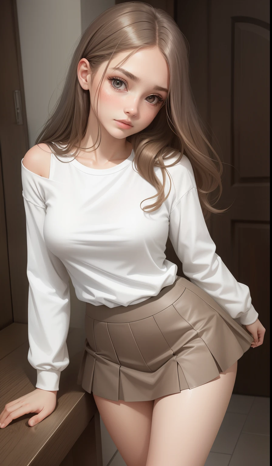 a woman in a casual clothing, white long sleeve T-shirt and circle skirt ,converse shoes, , adult face, shoulder length slightly wavy hair, ((ashy brown hair)) and gleaming detailed vibrant hazel eyes, slim frame, medium breasts, long legs, beautiful face, medium butt size, small feet size, small hand size, perfect hands, scary face, beautiful face, pretty face, hot woman, British woman, cream skin, small soft pink lips , small to medium breast size, sharp features, slim hourglass figure, ashen hair, silver eyes, soft features