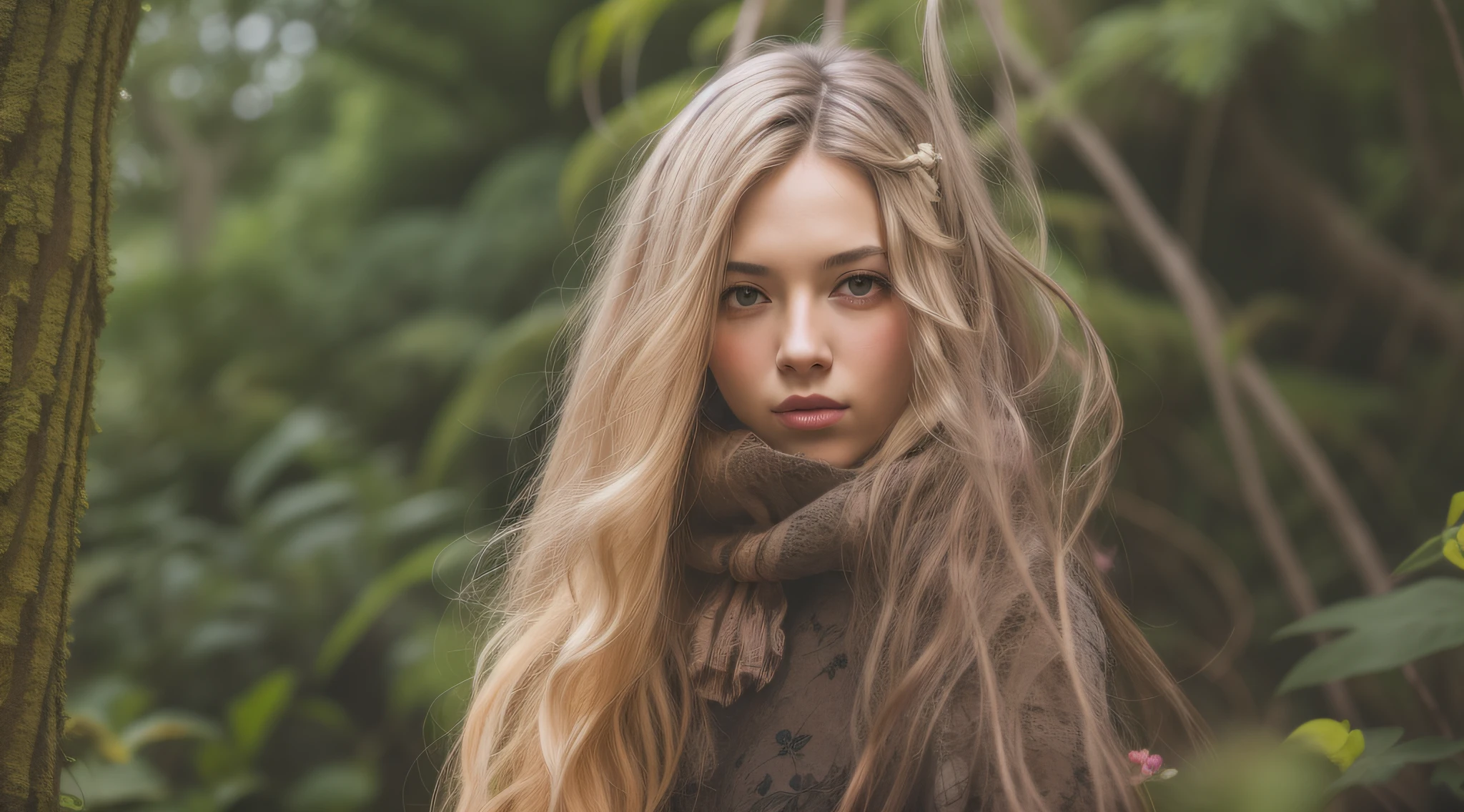 menina blondie na floresta, long hair braids.