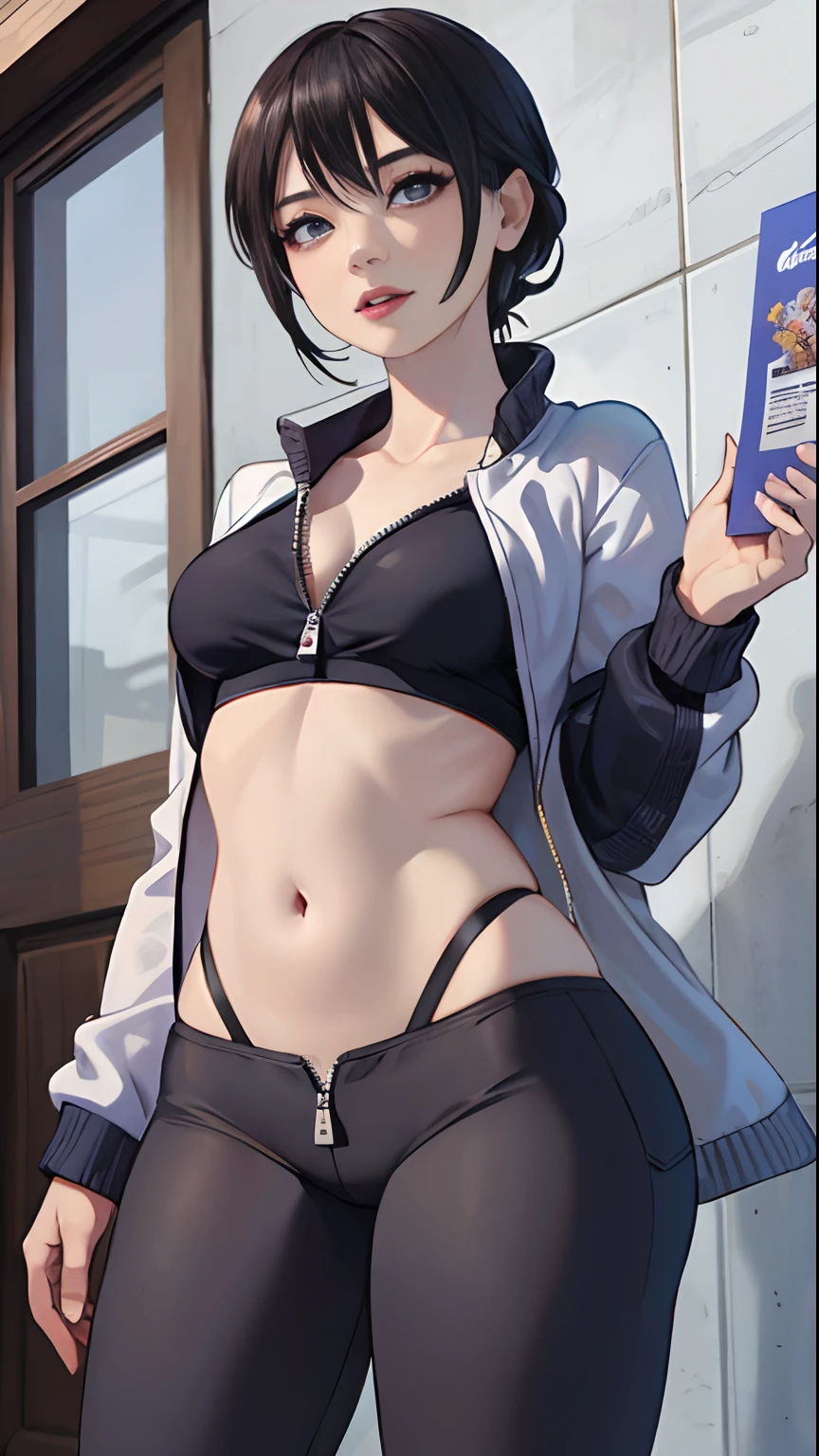 (master part: 1.2), best quality, high resolution, Original, papel de parede extremamente detalhado, perfect lighting, (CG muito detalhado: 1.2), (( Capillary Exposure: 1.5)), sem calcinha, ((Roupas claras: 1.2)), corpo inteiro, knee tights, no-bra, Realistic, (Camelo: 1.5)), 8k, Perfect artwork, super detailed rendering, extremely high quality, high resolution, Detalhe Loucura, olhos realistas, High definition, alta qualidade, rosto refinado, Membros detalhados do corpo,1girl, sozinho, Roupas sem mangas, camisa sem mangas, camisa fishnet, Dark lips, unzipped jacket, mamas expostas, Corar, destacar, soberbos, Corpo soberbo, tecido cor de carne, panthyhose, open pants,