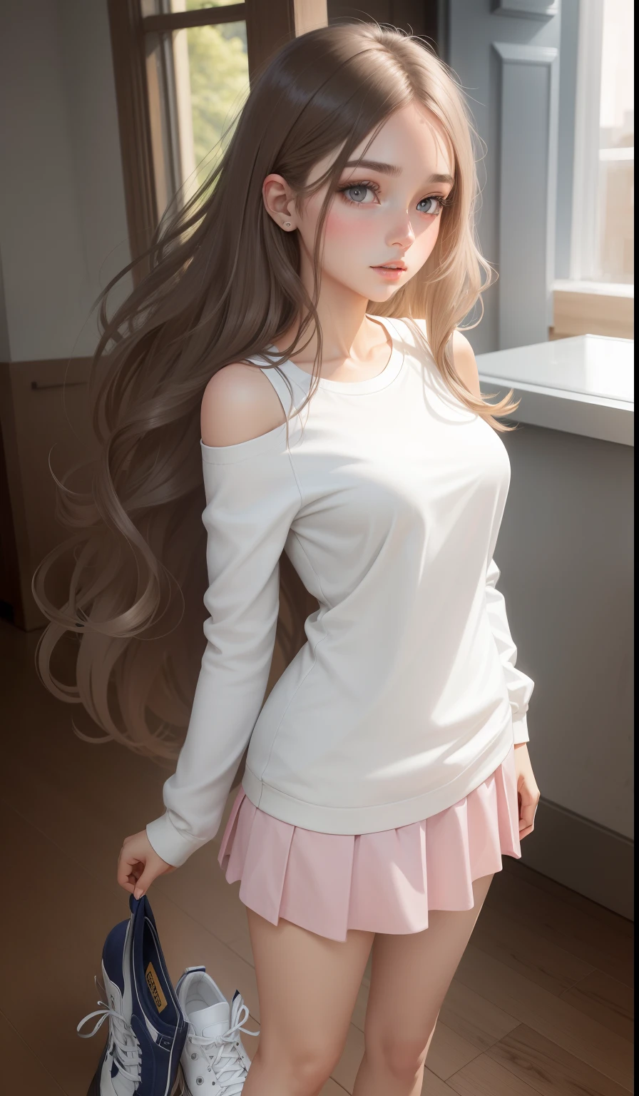 a woman in a casual clothing, white long sleeve T-shirt and circle skirt ,converse shoes, , adult face, der length slightly wavy hair, ((ashy brown hair)) and gleaming detailed vibrant hazel eyes, slim frame, medium breasts, long legtiful face, medium butt size, small feet sismall hand size, perfect hands, scary face, beautiful face, pretty face, hot woman, British woman, cream skin, small soft pink lips , small to medium breast size, sharp features,hourglass figure, ashen hair, silver eyes, soft features