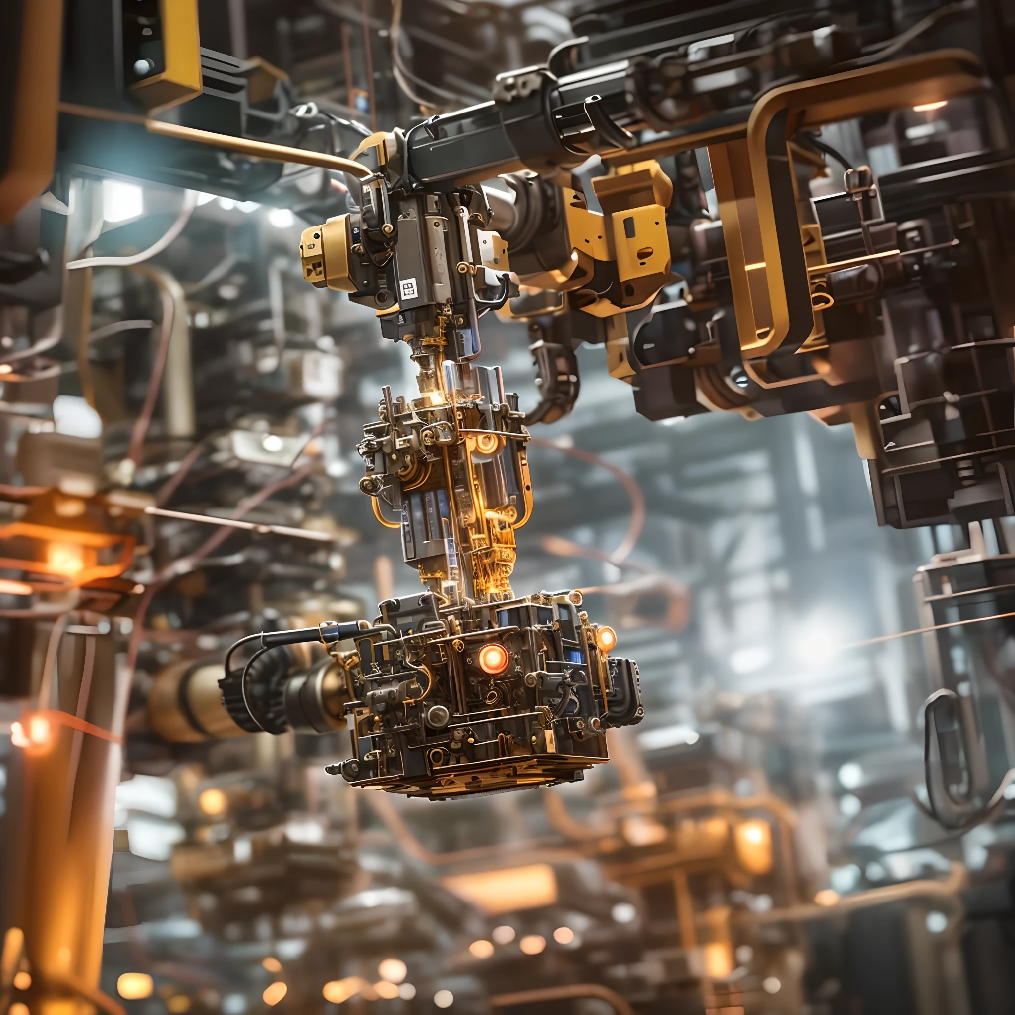 a closeup of a machine that is working on a circuit, realistic robotic machinery, industrial robot, robot machinery, robot machinery, industrial robots, Interior of a huge robot factory, robotic parts, Advanced technology, manufacturing, robotic arm, High Accuracy, electronic components, robotic, Brass and steam technology, detailed mechanical parts, intricate machine in space, foto ainda, robot machinery