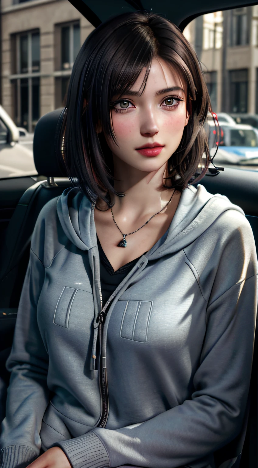 RAW photo, a 22-year-old-girl, upper body, selfie in a car, blue hoodie, (raecmbr-2650:0.9), (r4ec4mbr4:0.95), (1girl), (realistic), (photo-realistic:1.5), inside a car, driving, lipstick, freckles, (short hair), multicolor hair, necklace, (RAW photo, 8k uhd, film grain), Sharp Eyeliner, Blush Eyeshadow With Thick Eyelashes, extremely delicate and beautiful, 8k, soft lighting, high quality, highres, sharp focus, extremely detailed, during the day, (sunlight on face), beautiful detailed eyes, extremely detailed eyes and face, masterpiece, cinematic lighting, (high detailed skin:1.2), 8k uhd, dslr, soft lighting, high quality, film grain, Fujifilm XT3