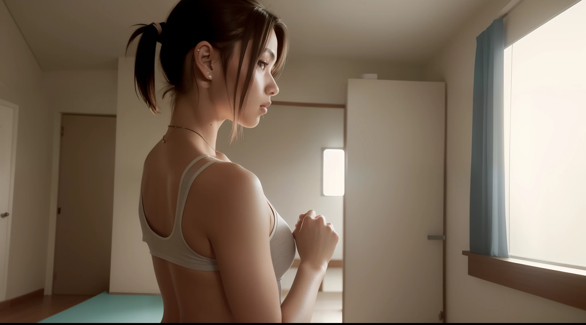 inside in room, yoga, Looming, Dance, ponytail, tongue, short hair, short twintails, cinematic lighting, tachi-e, high detail, Romanticism, dithering, move chart, Minimalism, cowboy shot, UHD, textured skin, high quality, high details, highres, 4K, 8k
