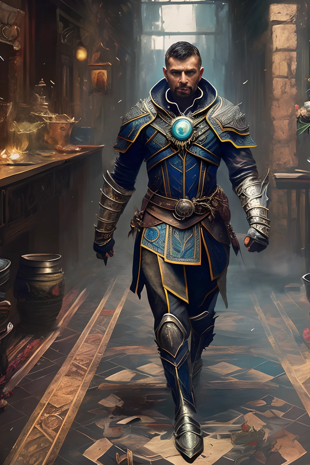 full body, walking pose, slow motion, (arcane mage:1.2) male with black hair wearing full body multiple stitched layer (leather armor:1.2), (fabric with intricate pattern:1.2), (insanely detailed, bloom:1.5), (highest quality, Alessandro Casagrande, Greg Rutkowski, Sally Mann, concept art, 4k), (analog:1.2), (high sharpness), (detailed pupils:1.1), (painting:1.1), (digital painting:1.1), detailed face and eyes, Masterpiece, best quality, (highly detailed photo:1.1), 8k, photorealistic, (ecstatic:1.1), By jeremy mann, by sandra chevrier, by maciej kuciara, sharp, (perfectbody:1.1), realistic, real shadow, 3d, (inside of a tavern:1.2), (by Michelangelo) --auto --s2