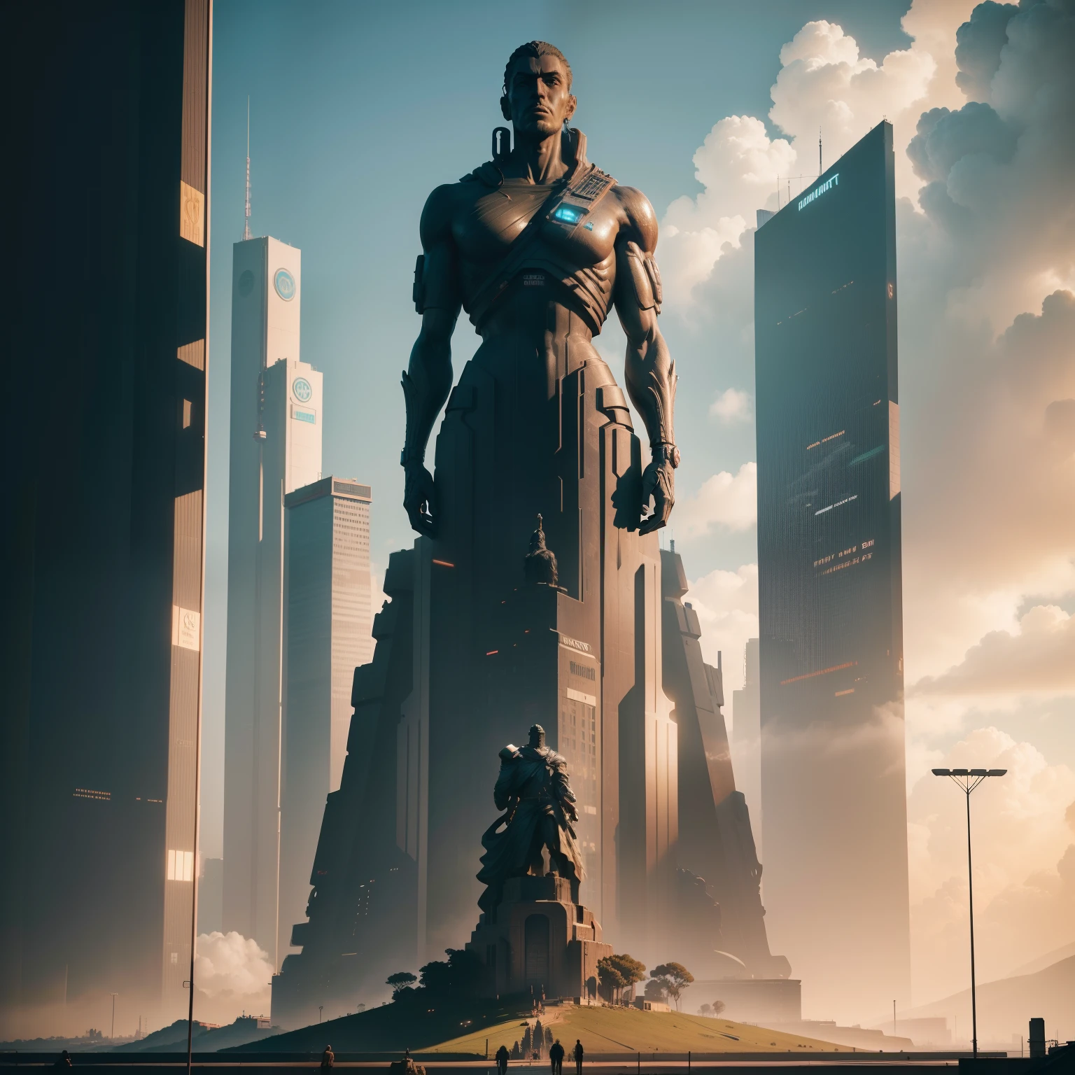 (statue of a giant tall giant distant upper body:1.5, ), (fundo da cidade cyberpunk:1.2), , (fotorrealista:1.4), (melhor qualidade:1.0), (ultra highres:1.0), 8k, foto RAW, (obra-prima:0.2), ultra-detalhado, (pilgrims behind on the road:0.8),
