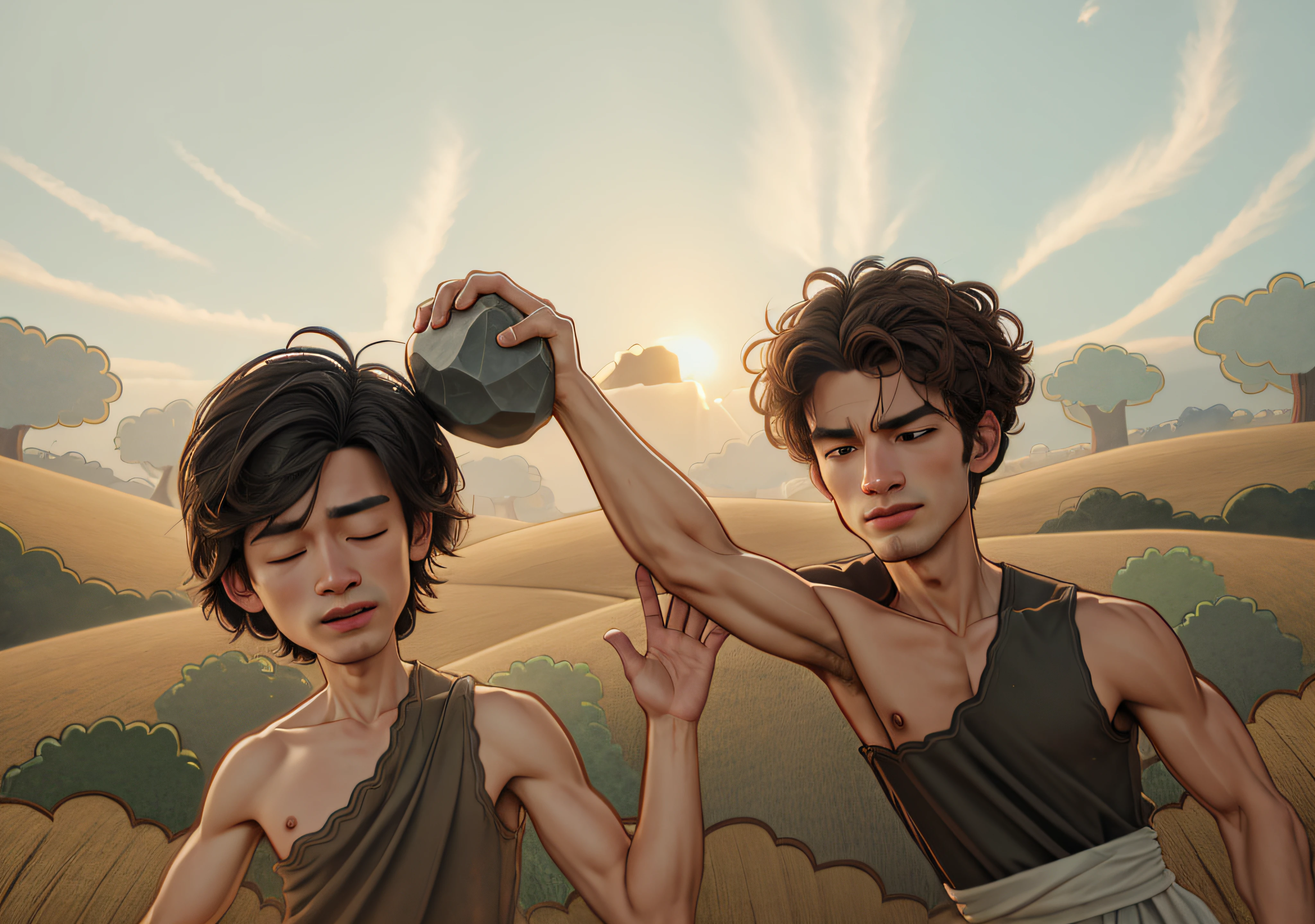photorealistic : a man hitting another man on head with a rock, both wearing cloth linen, setting field, 8k resolution