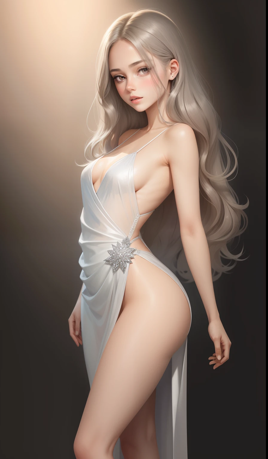 a woman in a long silver solid draped spaghetti dress, silver high heels, diamond hair piece, 17 years old, shoulder length slightly wavy hair, ((ashy brown hair)) and gleaming detailed vibrant hazel eyes, slim frame, medium breasts, long legs, beautiful face, small butt size, small feet size, small hand size, perfect hands, scary face, beautiful face, pretty face, hot woman, British woman, cream skin, small soft pink lips , small breast size, slim figure, standing pose, soft features