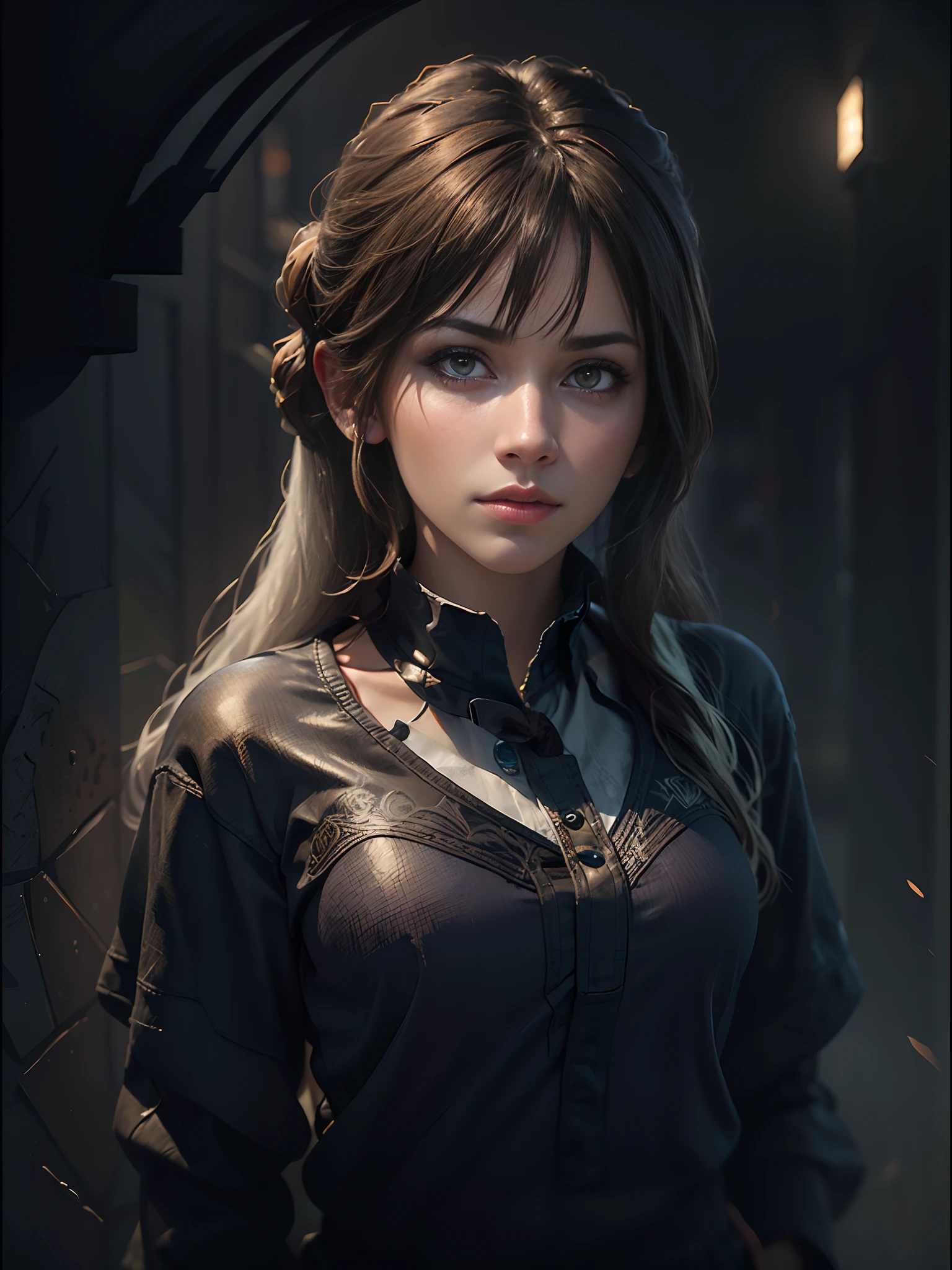 Hyperrealist portrait of female by david hockney and alphonse mucha,fantasy art, photo realistic, dynamic lighting, artstation, poster, volumetric lighting, very detailed faces, 4 k, award winning,, 1girl, in the dark, deep shadow, low key,cowboy shot,(official clothing:1.4) ,long hair,white hair,