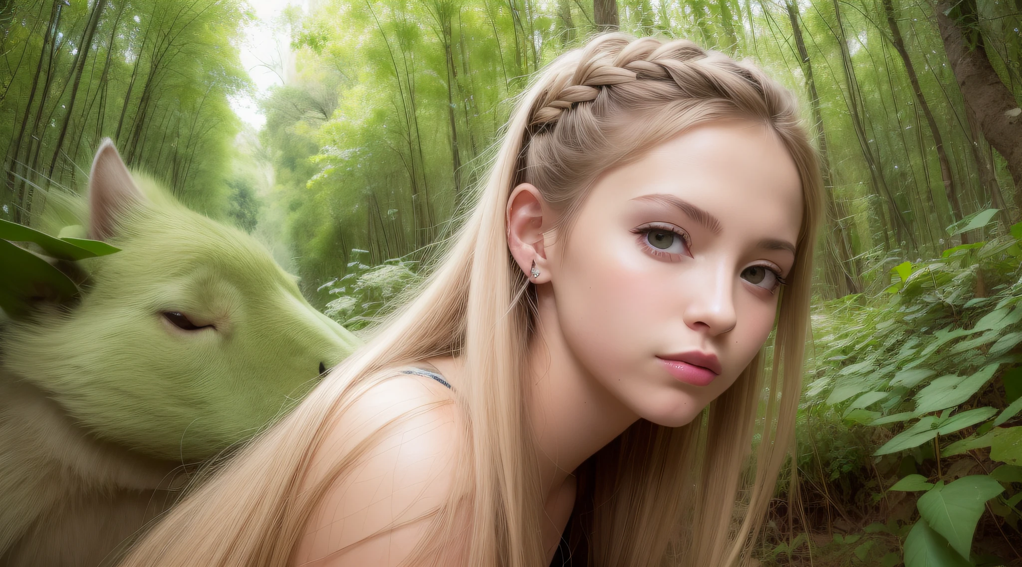 menina blondie  ANGEL na floresta, long hair braids.