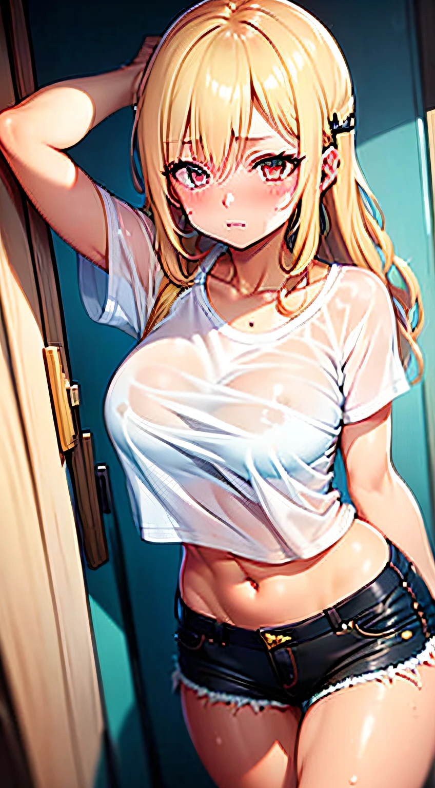 (1girl), medium breasts, tan, dewy skin, sweaty skin, wavy blonde hair, punk tshirt, punk girl