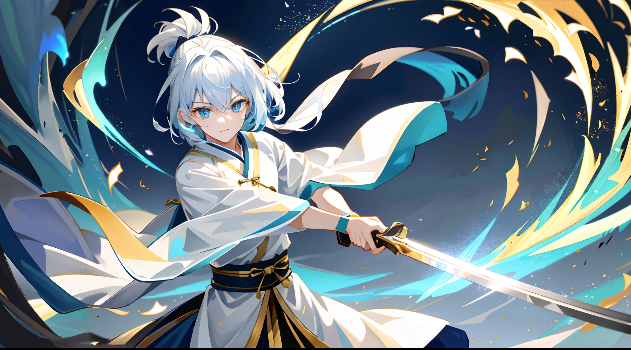 Chinese male swordsman,Ancient Chinese Cold Weapon Sword 1.4,dressed white hanfu,had his hands folded,green grass background,The silver longsword floated overhead,Swirling cyan glow,Essence Immortal 1.5,Tyndall effect,Glow effect,Anime art style,romantic landscape,Meticulous brushstrokes,Realistic pop music,New School Beast,Knolling,8K,Golden tornado、Neatly arranged,Fantastic landscape, Starlight around the character