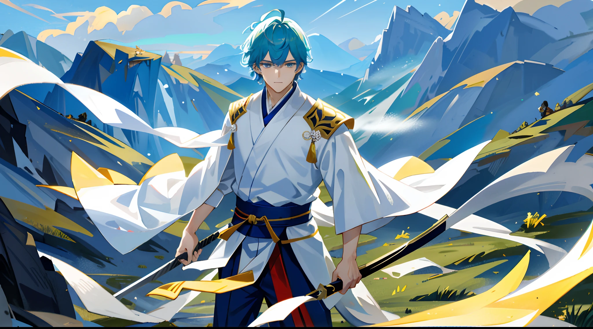 Chinese male swordsman，Ancient Chinese Cold Weapon Sword 1.4，dressed white hanfu，had his hands folded，green grass background，The silver longsword floated overhead，Swirling cyan glow，Essence Immortal 1.5，Tyndall effect，Glow effect，Anime art style，romantic landscape，Meticulous brushstrokes，Realistic pop music，New School Beast，Knolling，8K，Golden tornado、Neatly arranged，Fantastic landscape, Starlight around the character