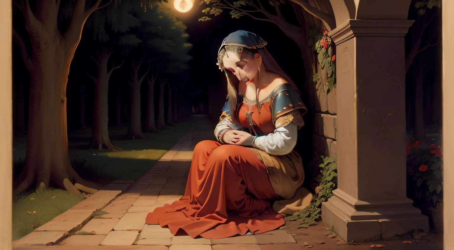 Renaissance painting from the Middle Ages with a beautiful medieval woman praying under a tree at night