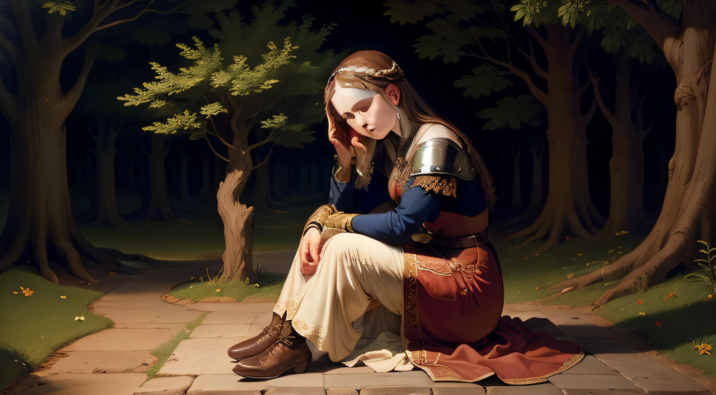 Renaissance painting from the Middle Ages with a beautiful medieval woman praying under a tree at night