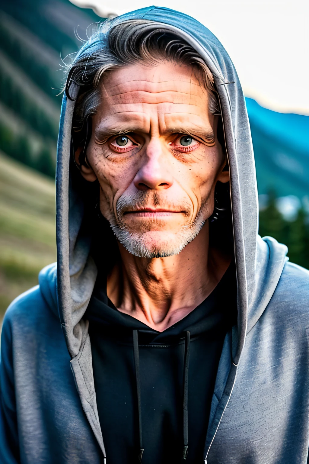 outdoor, hills, night, a RAW photo a skinny man in black hoodie, closeup, 35 yo, (Willem Dafoe:0.7), muted colors
hyper detailed skin, (moles:1.12), photojournalism
low light