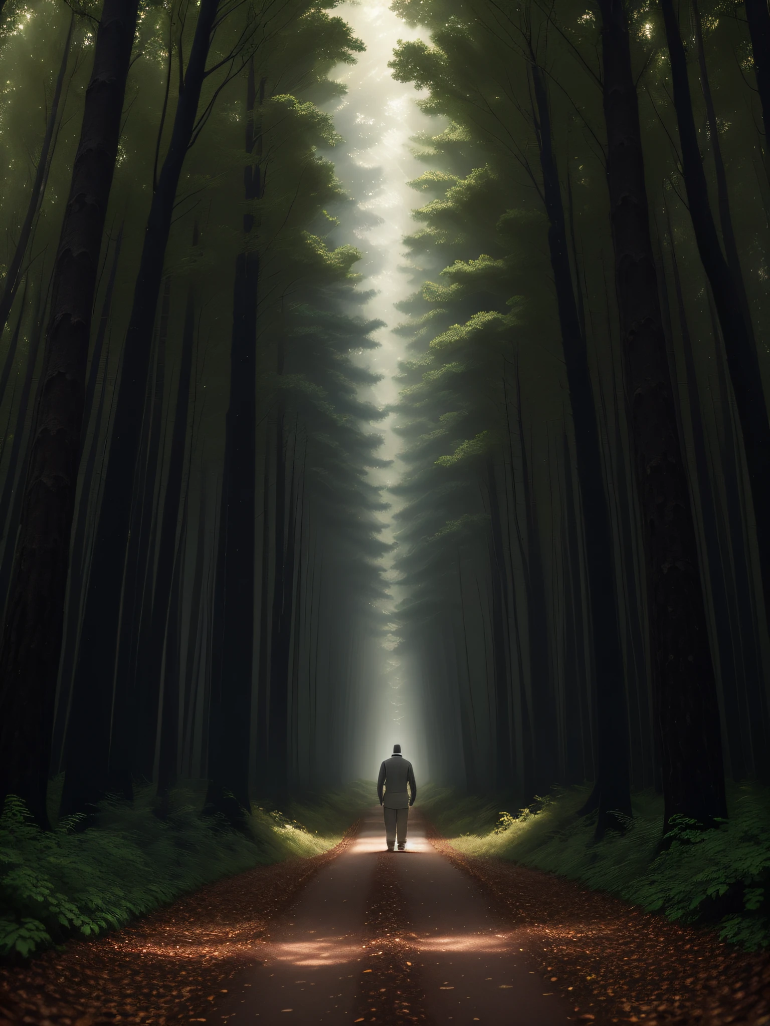 man walking through a shady forest, with a light at the end of the road. render photorealistic nsfw anatomical art intricate accurate deliberate cinematic