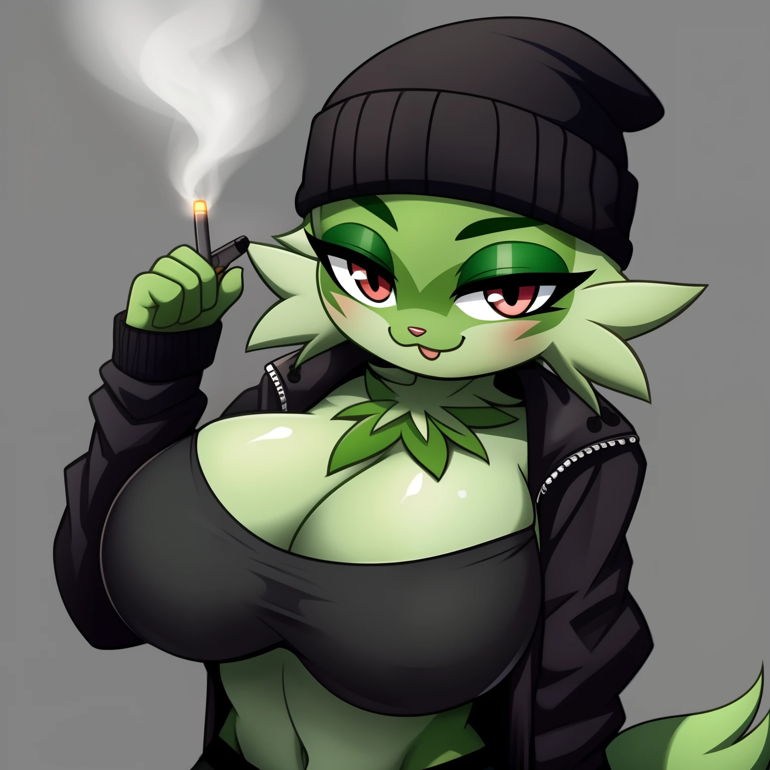 sprigatito smoking weed with a beanie and goth clothes big breasts