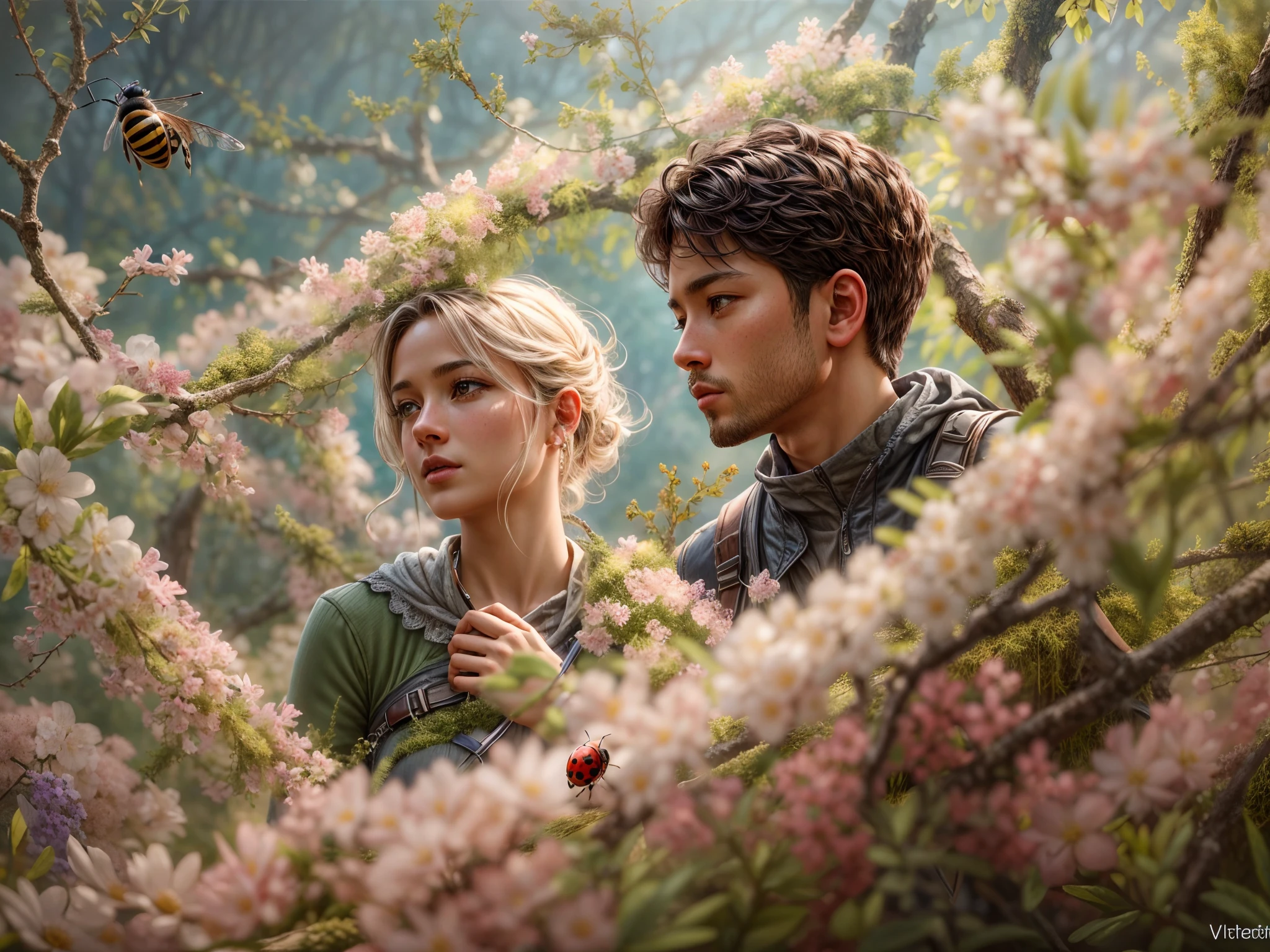 Hyperdetailed Oil painting, late spring, a (wholesome romantic couple rest in a meadow of whitethorn bush), (lady bug on flower), vivacious (bee tromping on pink threads), (chaffinch watching the scene from its grey mossy nest), masterpiece, masterwork, meticulous, intimate, nuanced, highest quality, highest fidelity, highest resolution, highres, highest detail, hyper-detailed, detail enhancement, deeply detailed, uhd, hdr, fhd, 8k, 16k, 32k, 64k, caustics, subsurface scattering, High Dynamic Range, Dynamic Tone Mapping, Specular reflection, sub-pixel convolution,