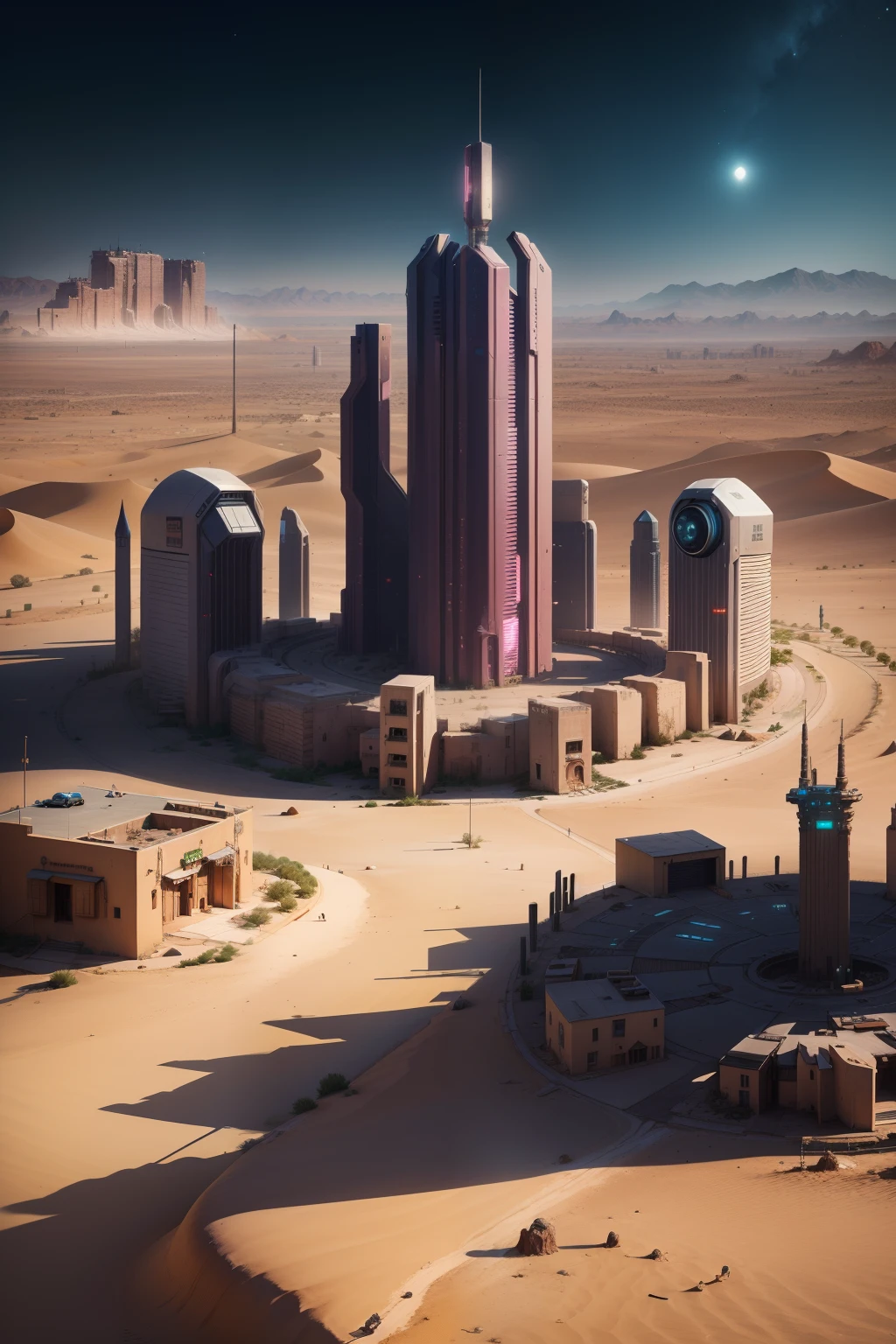 A cyberpunk city in the middle of the desert with many houses and a watchtower in the center
